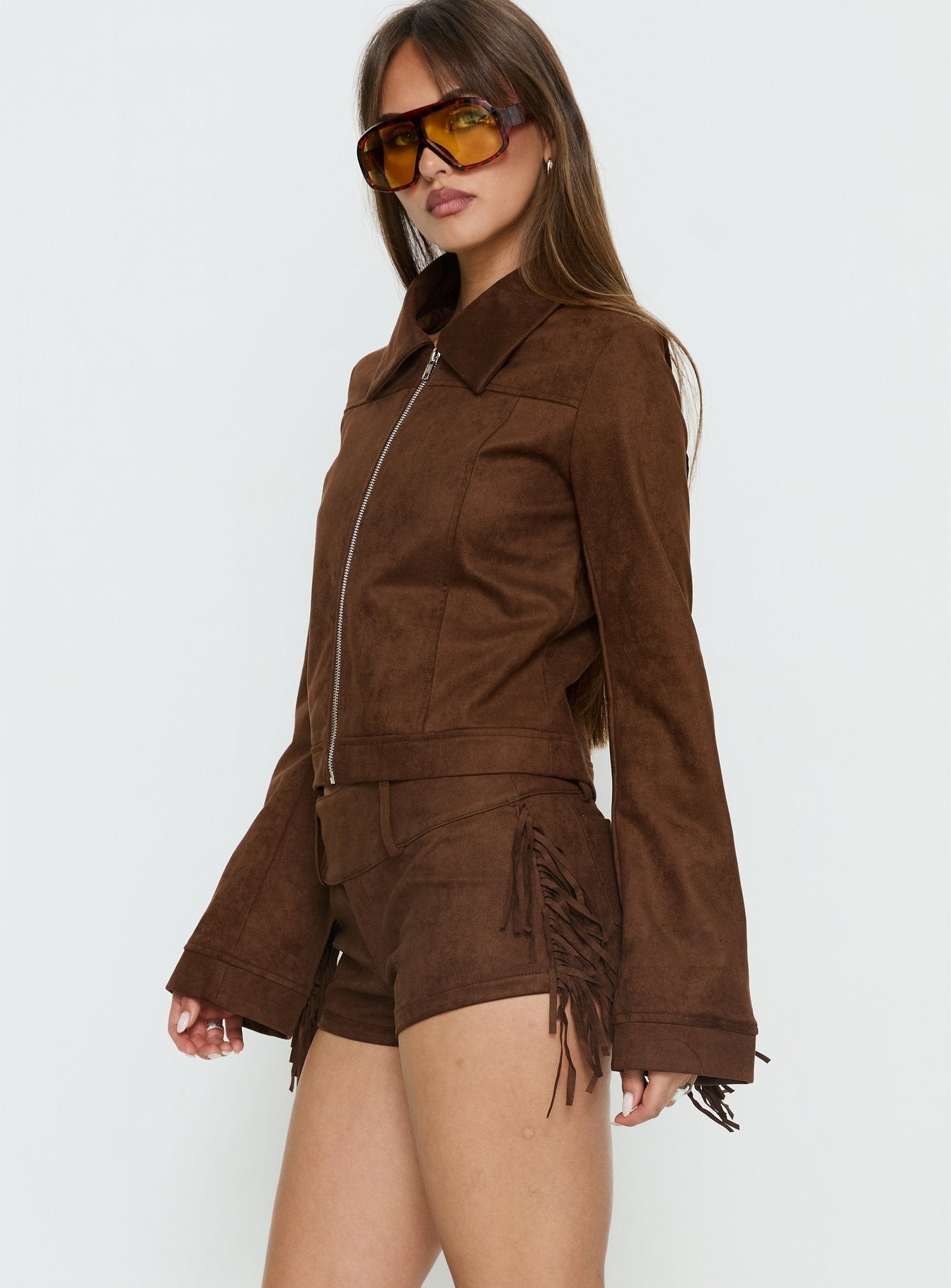 Dakohda Suni Süet Franj Mikro Şort - Kahverengi