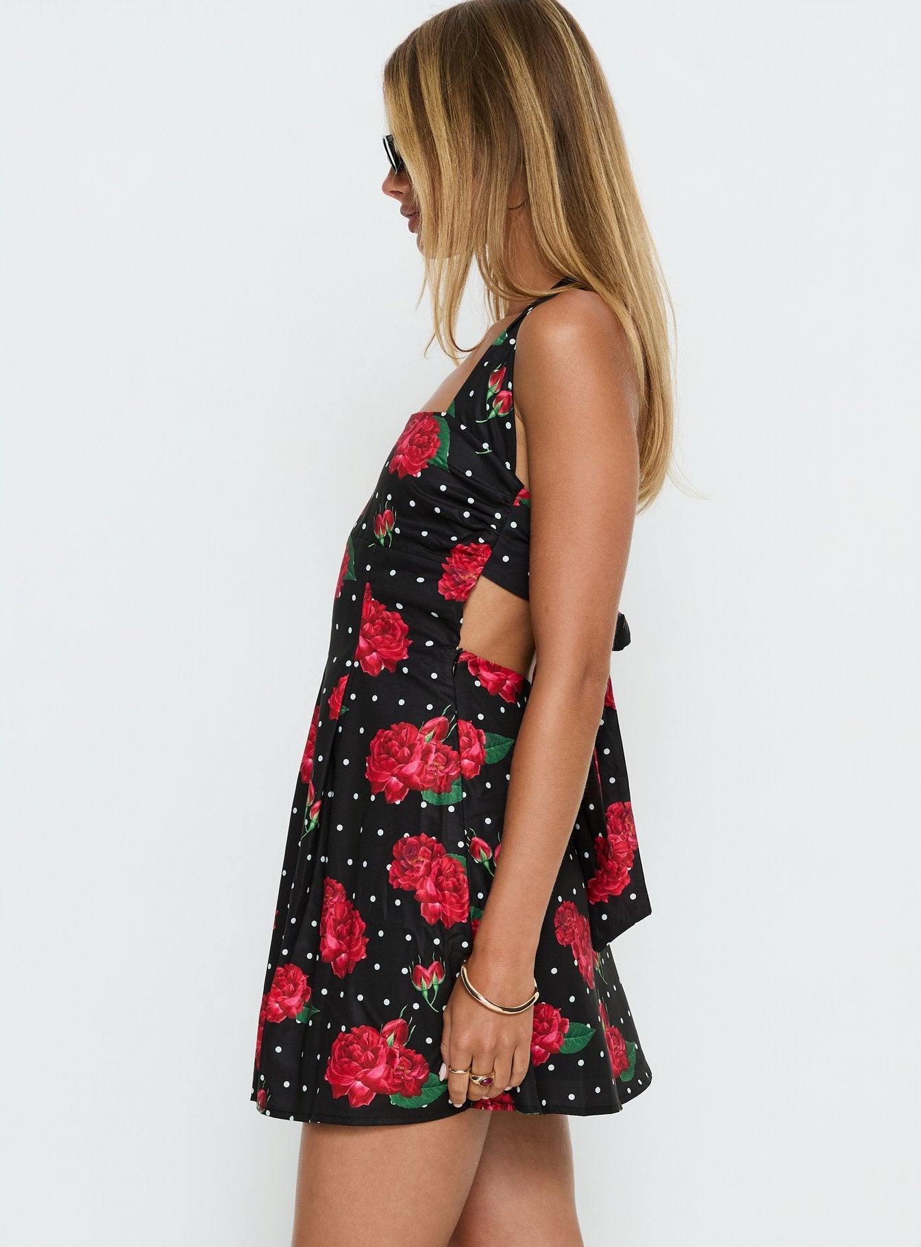 Rosamie Siyah Puantiyeli Çiçekli Halter Mini Elbise
