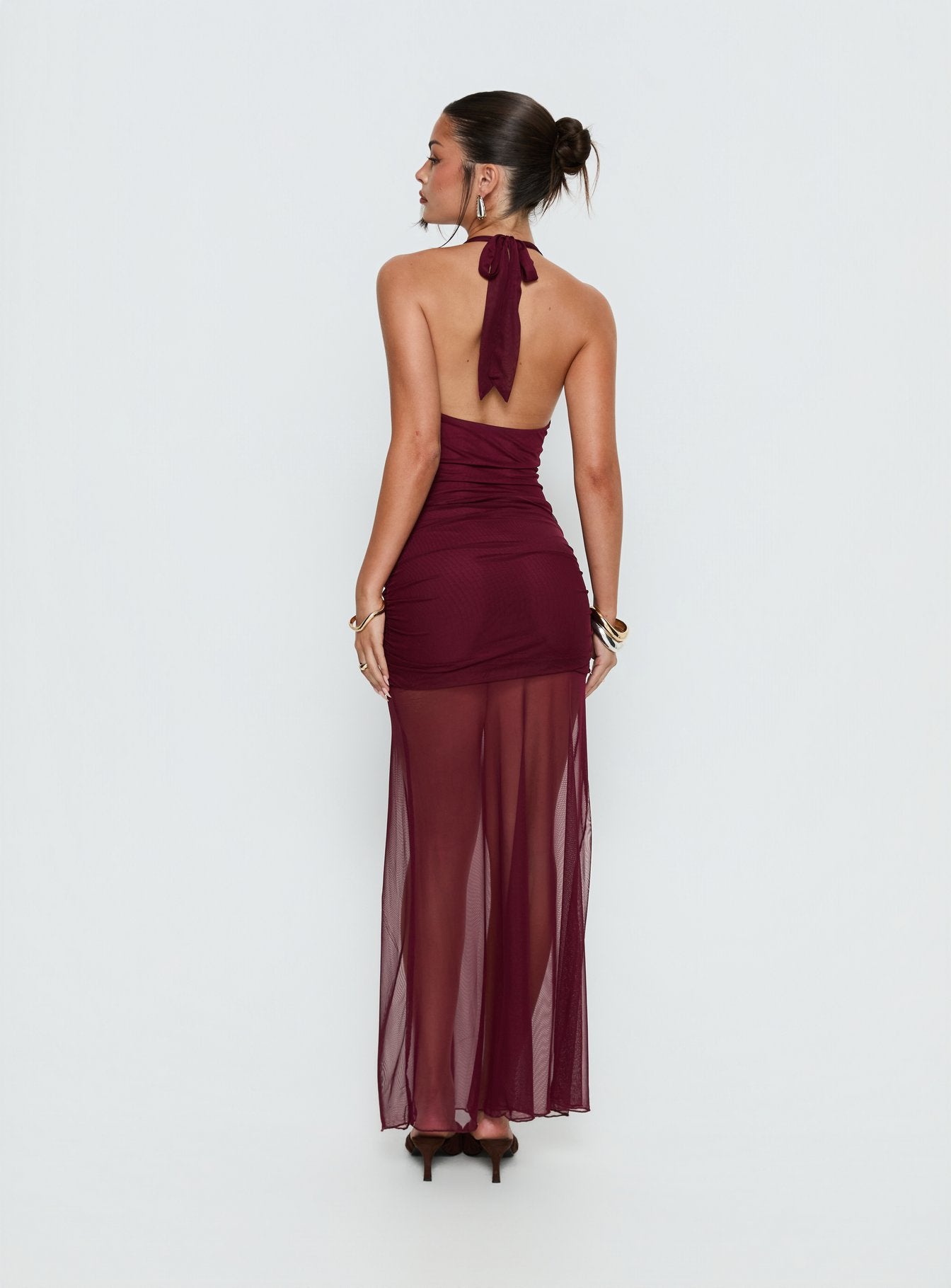 Bordo Şeffaf Maxi Elbise - Desta Halter Modası