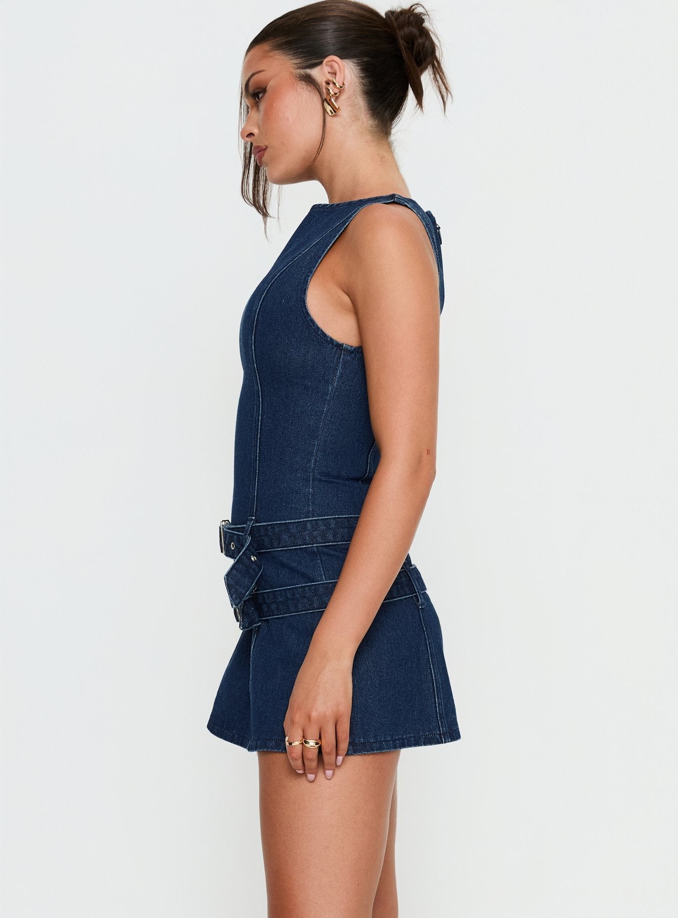 Kainer Koyu Mavi Yıkamalı Tokalı Denim Mini Elbise