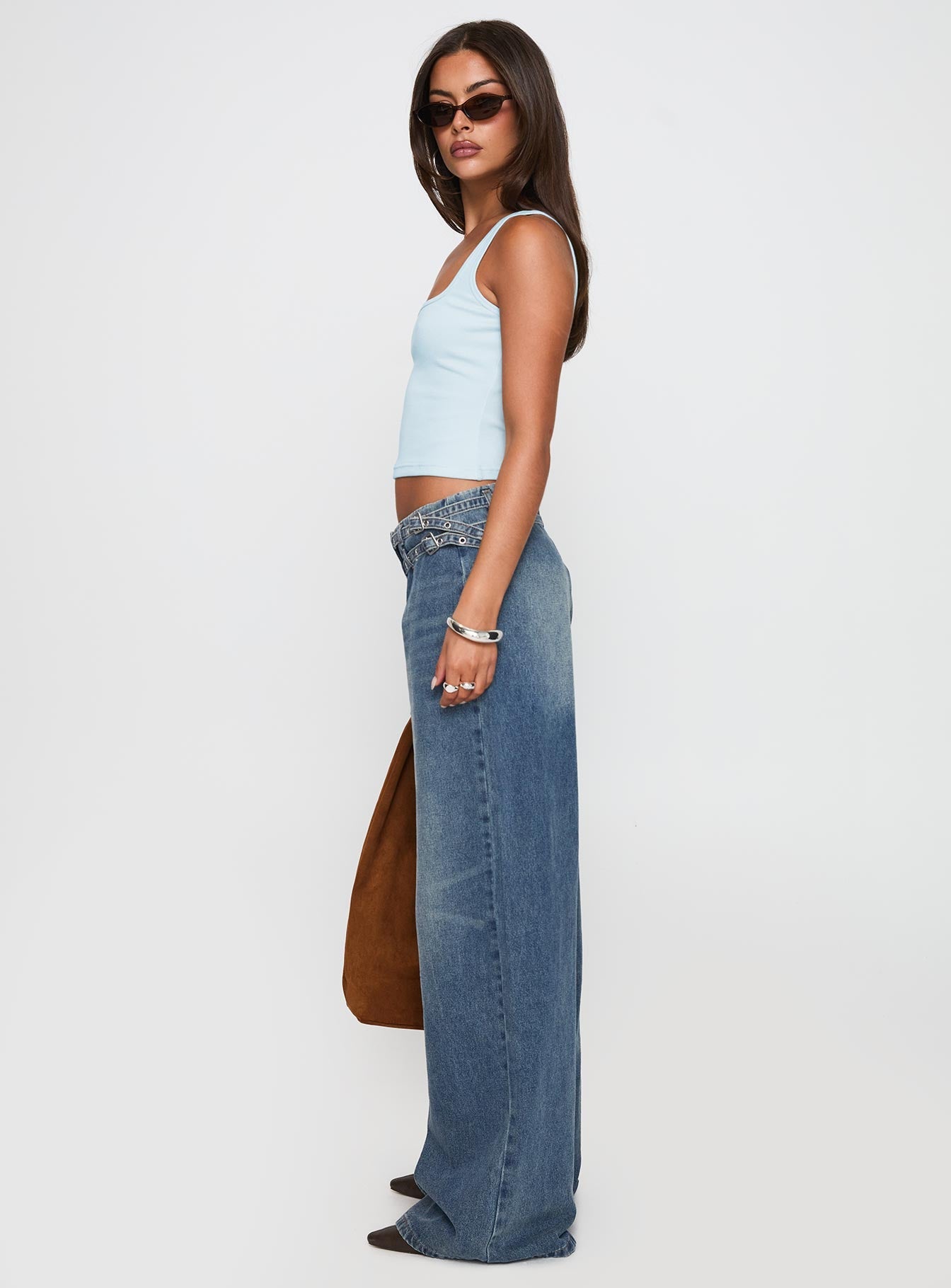 Paltrow Orta Bel Geniş Paça Kargo Jean - Orta Mavi