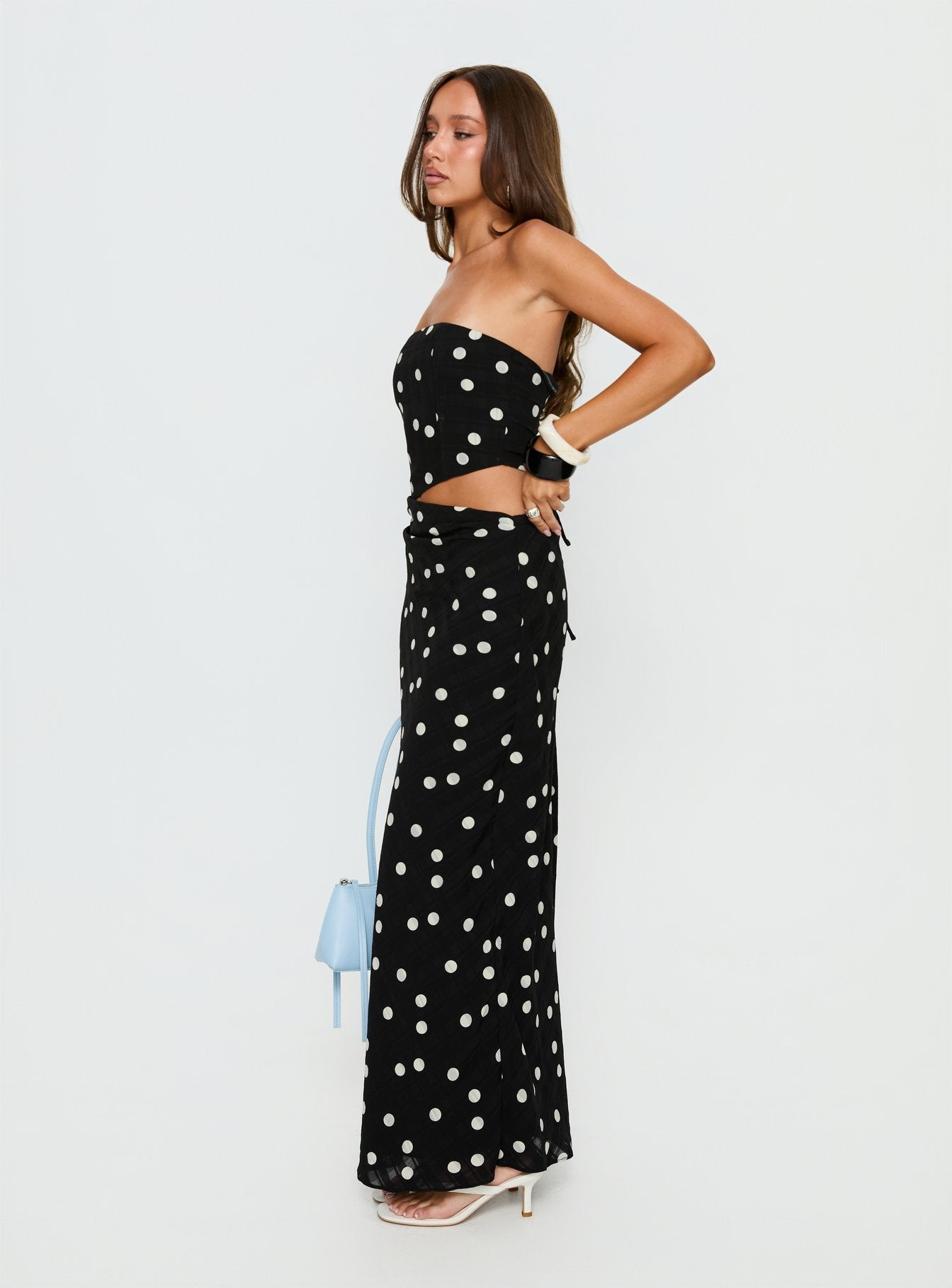 Jasira Askısız Drape Maxi Elbise Siyah Puantiye