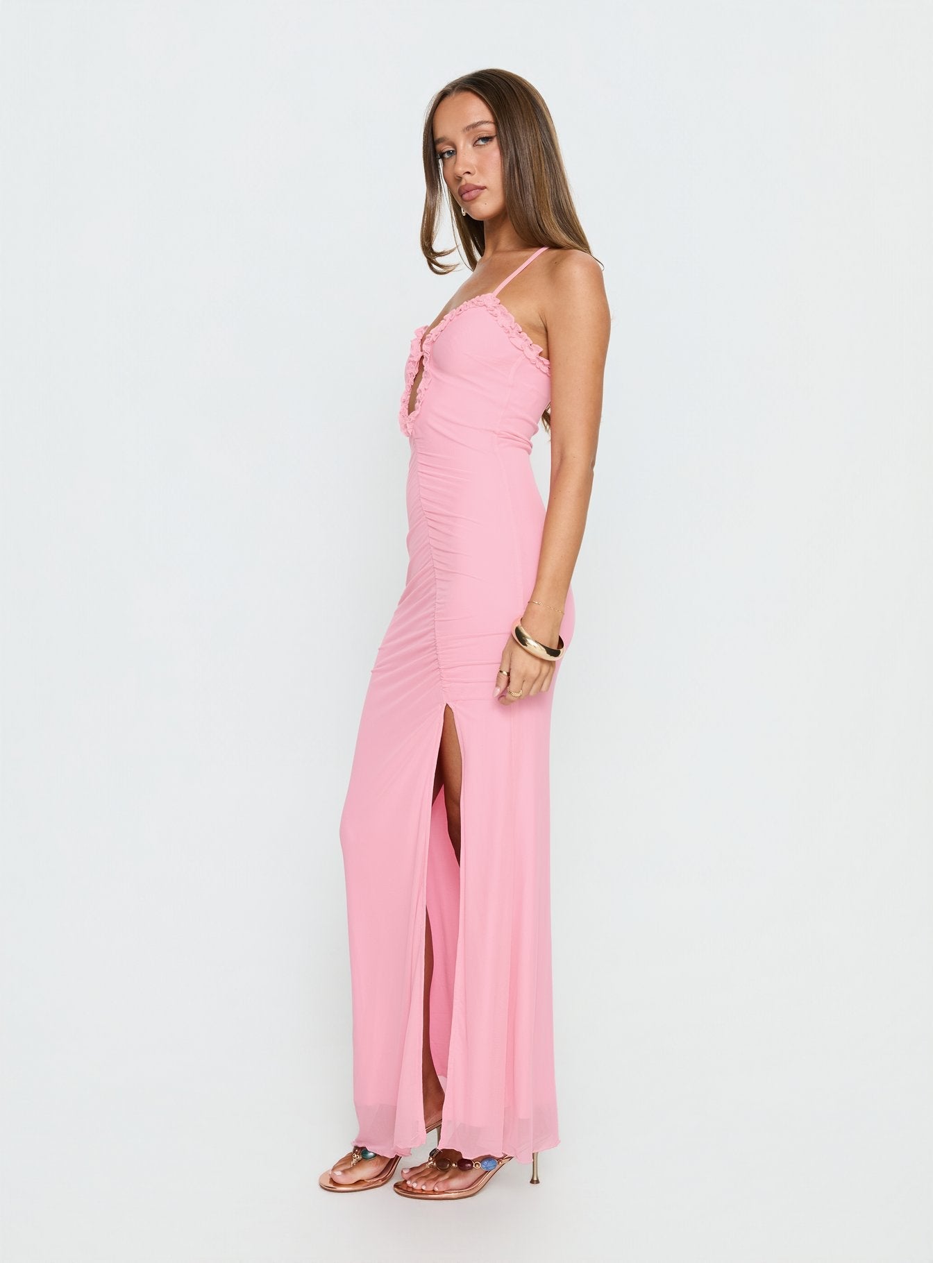Soulina Pembe Fırfırlı Maxi Elbise
