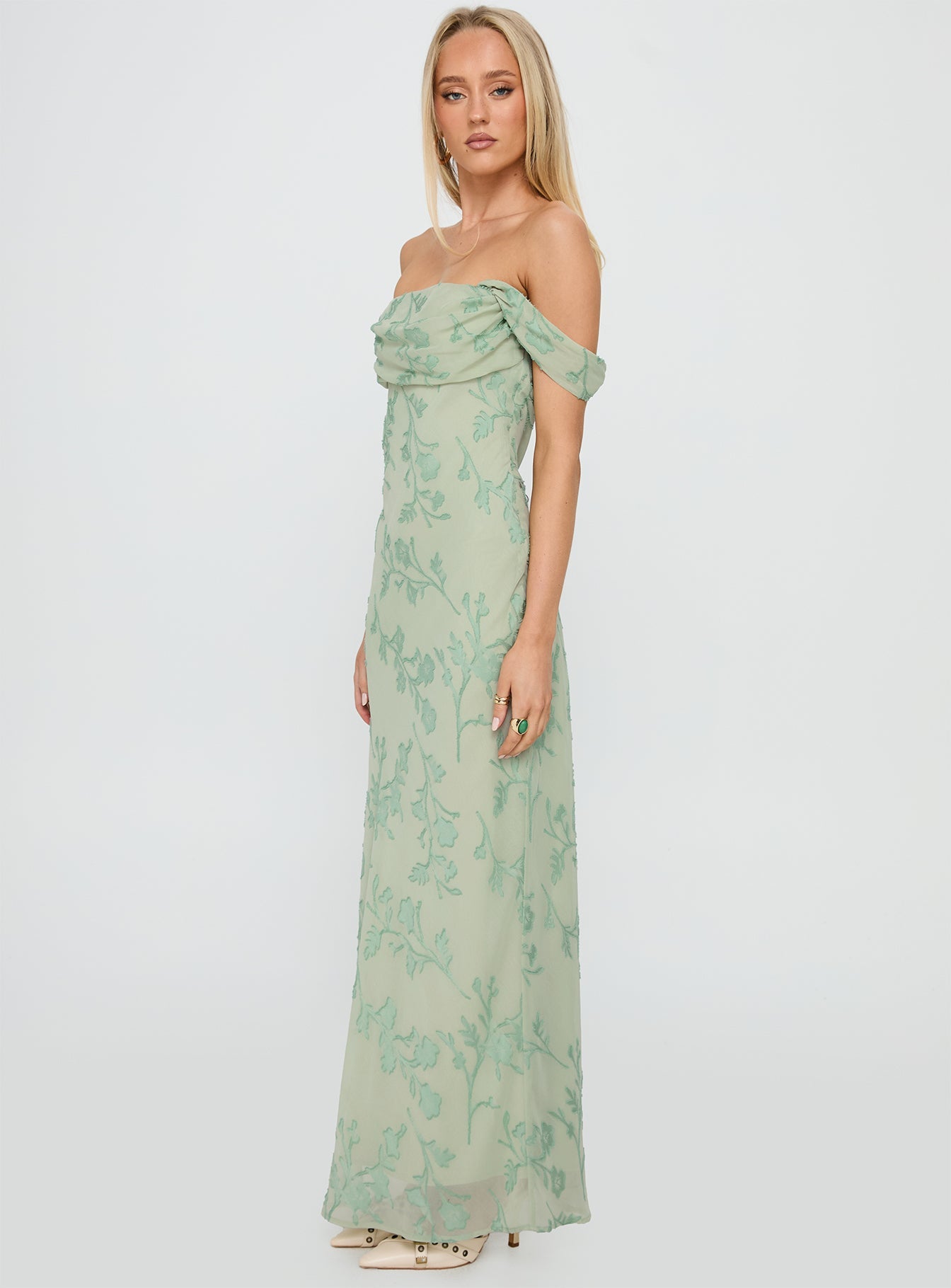 Azura Yeşil Yanık Off-Shoulder Maxi Elbise