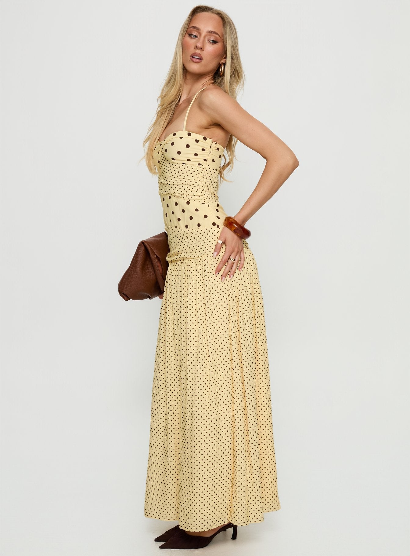 Marguerite Halter Maxi Elbise - Limon Kahverengi Puantiye