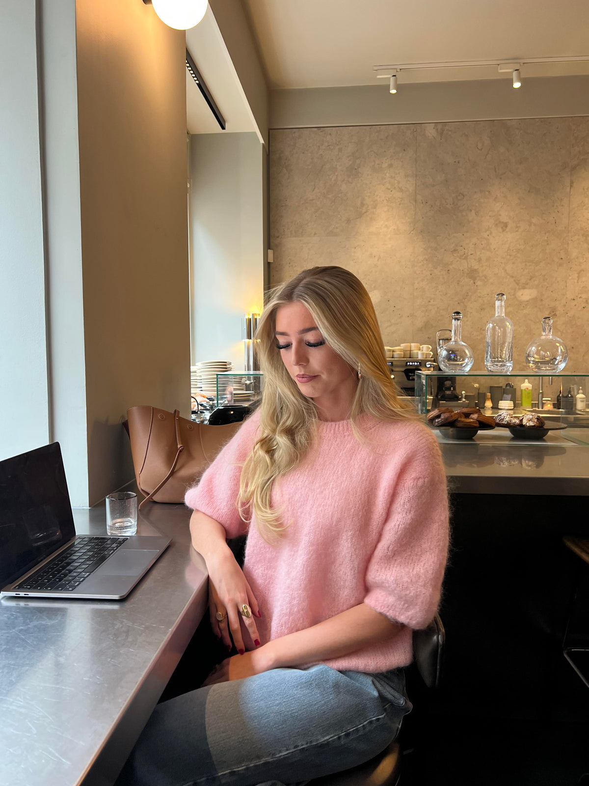 Elise Açık Pembe Moher Karışımlı Kısa Kollu Triko Üst
