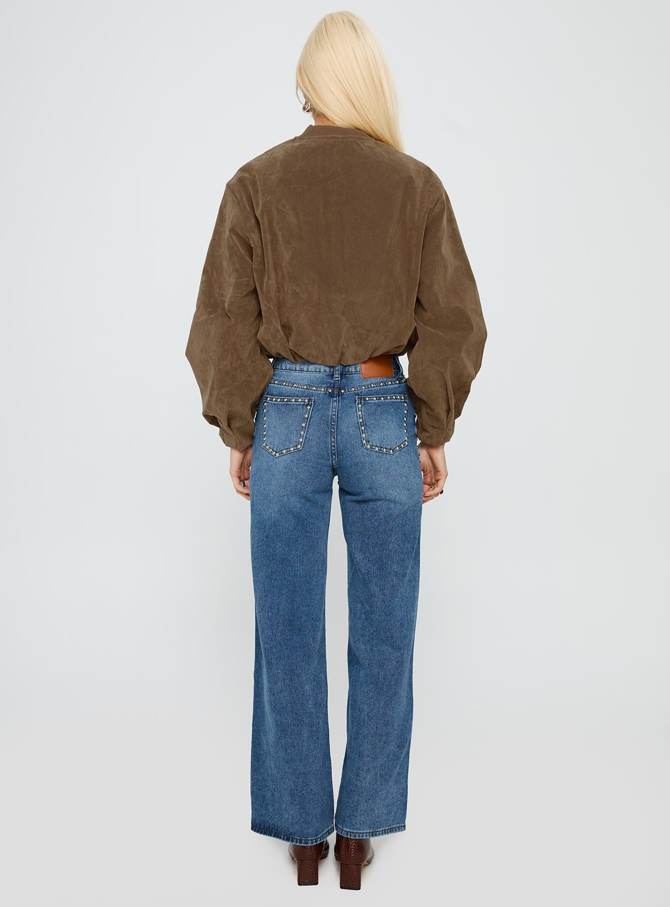 Orta Mavi Yüksek Bel Düz Paça Denim Pantolon