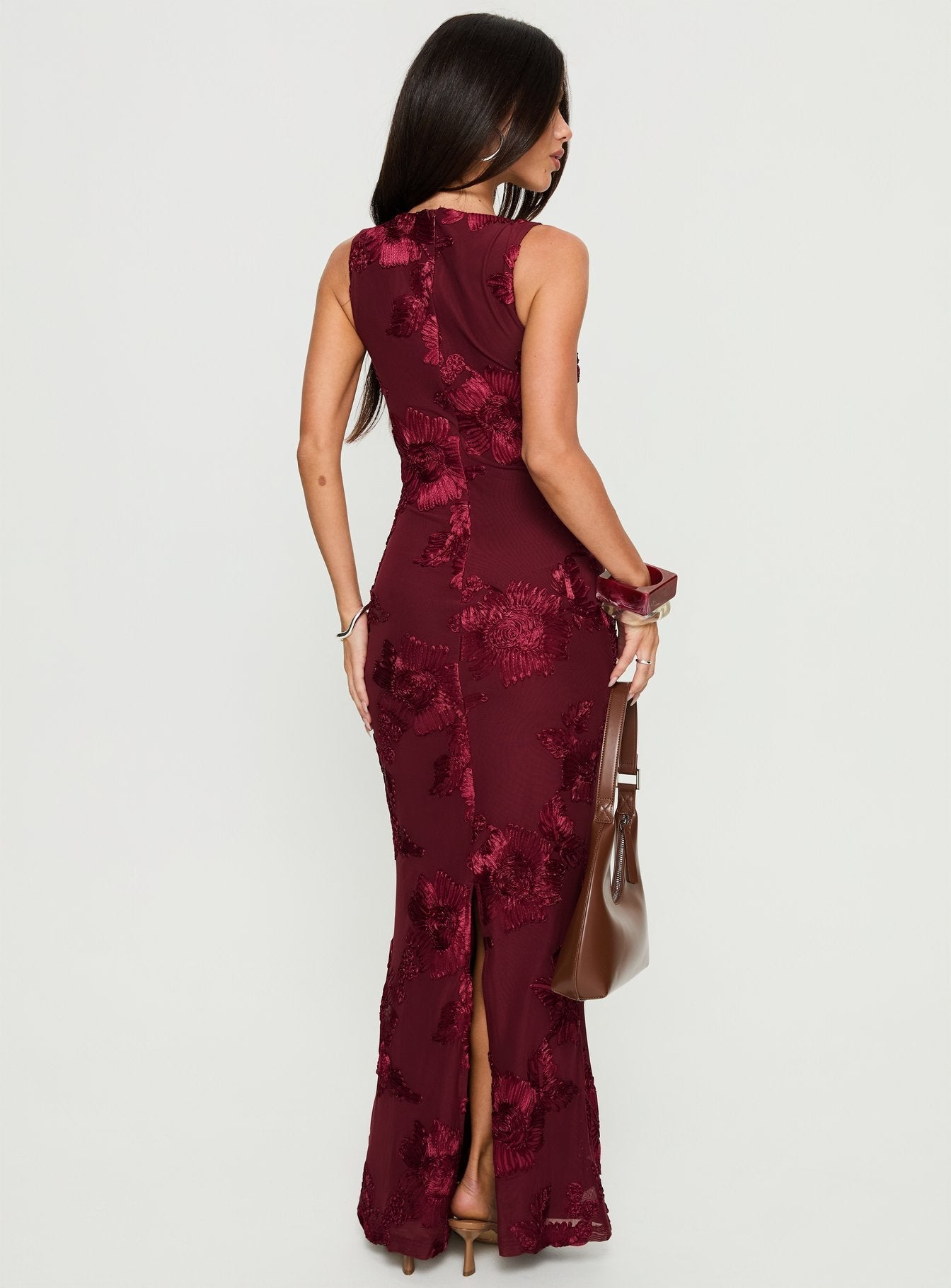 Bordo Fionna Çiçekli Maxi Elbise