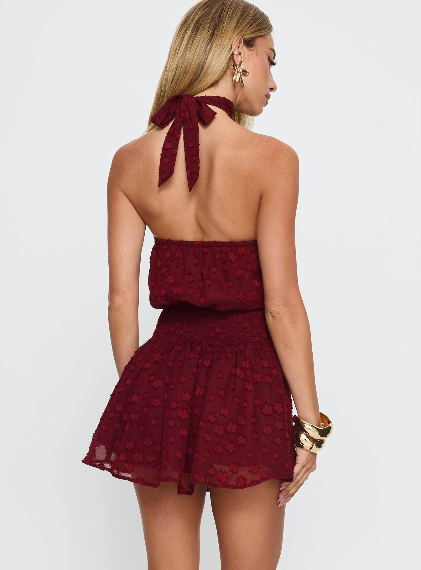 Bordo Jakarlı Eurythmic Şal Askılı Mini Elbise