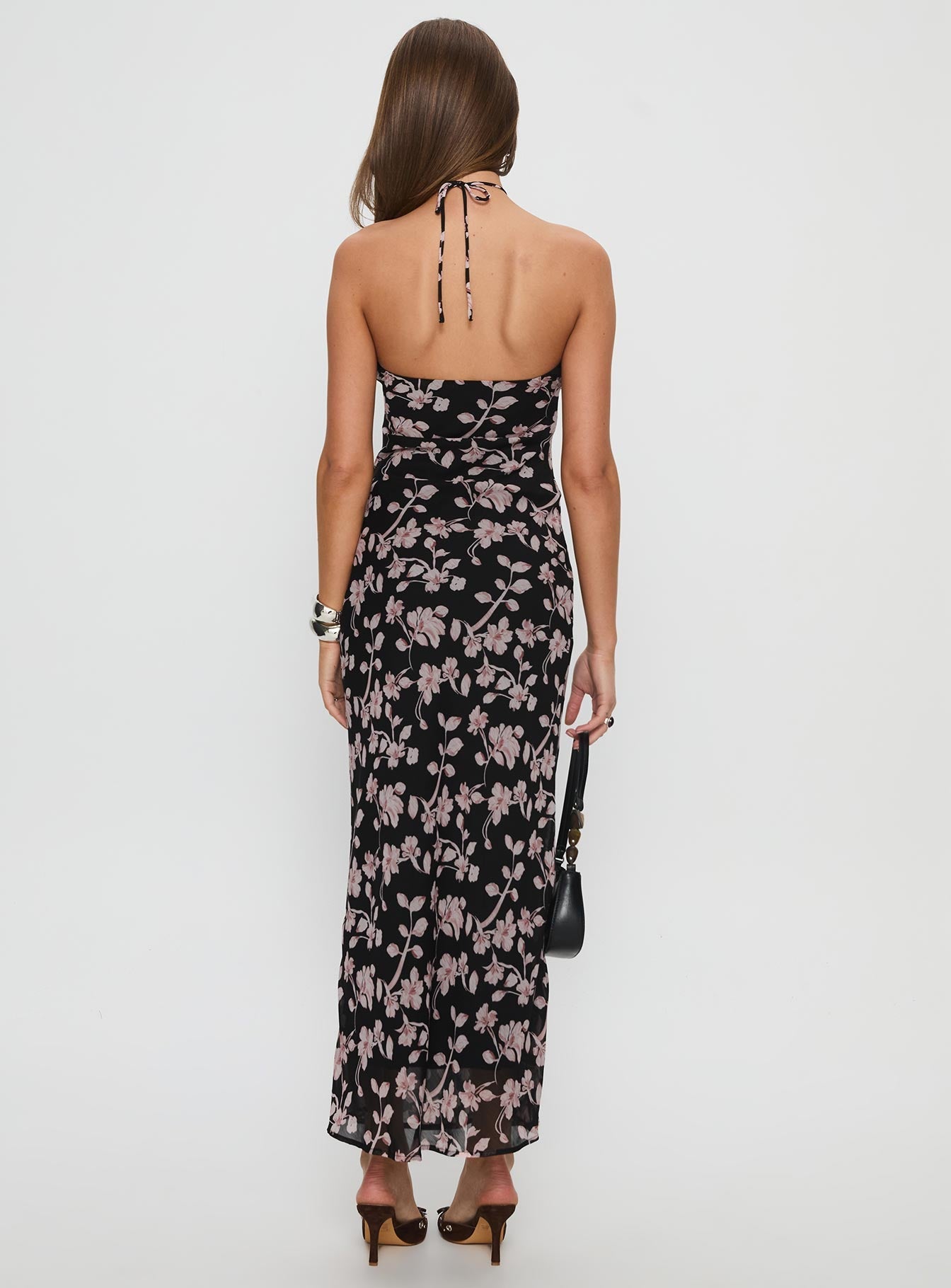 Anisa Siyah Çiçekli Halter Maxi Elbise