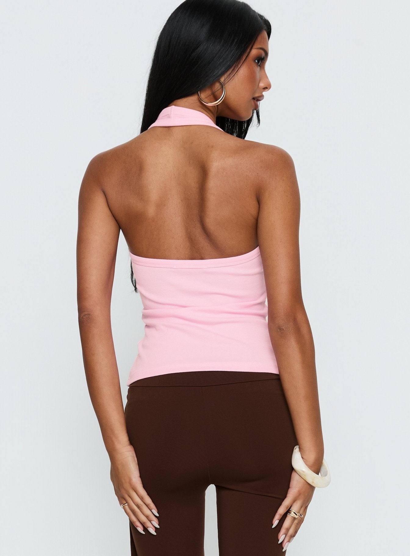 Ribbed Halter Tank Top - Pembe