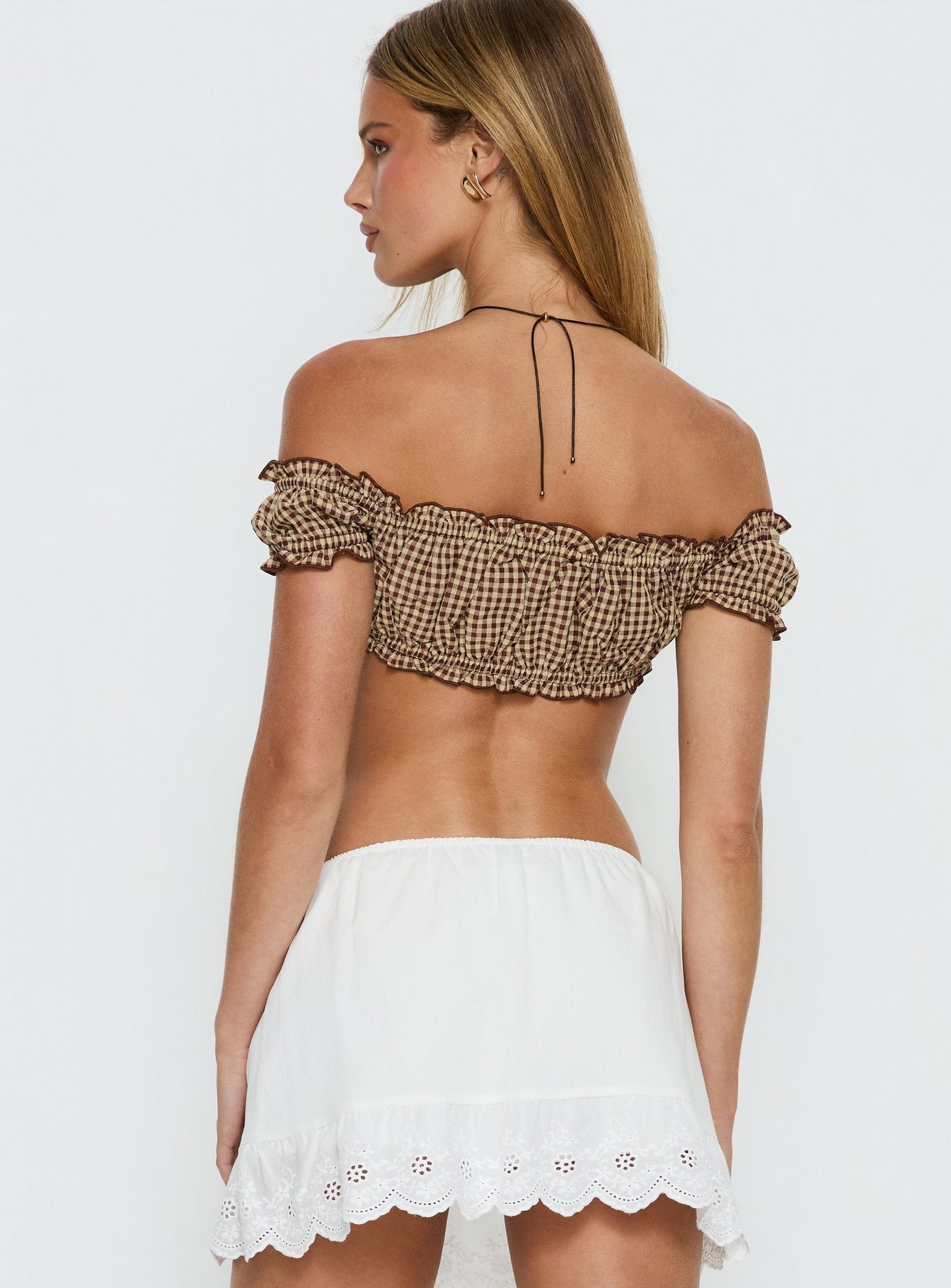 Kahverengi Gingham Straplez Bluz