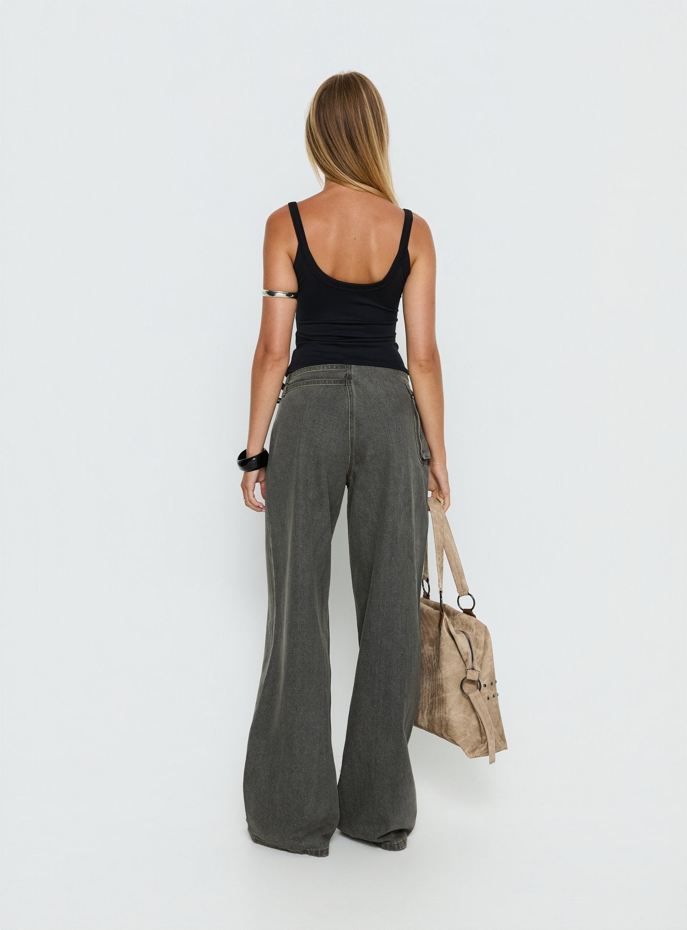 Paltrow Orta Bel Geniş Paça Kargo Jean - Açık Gri