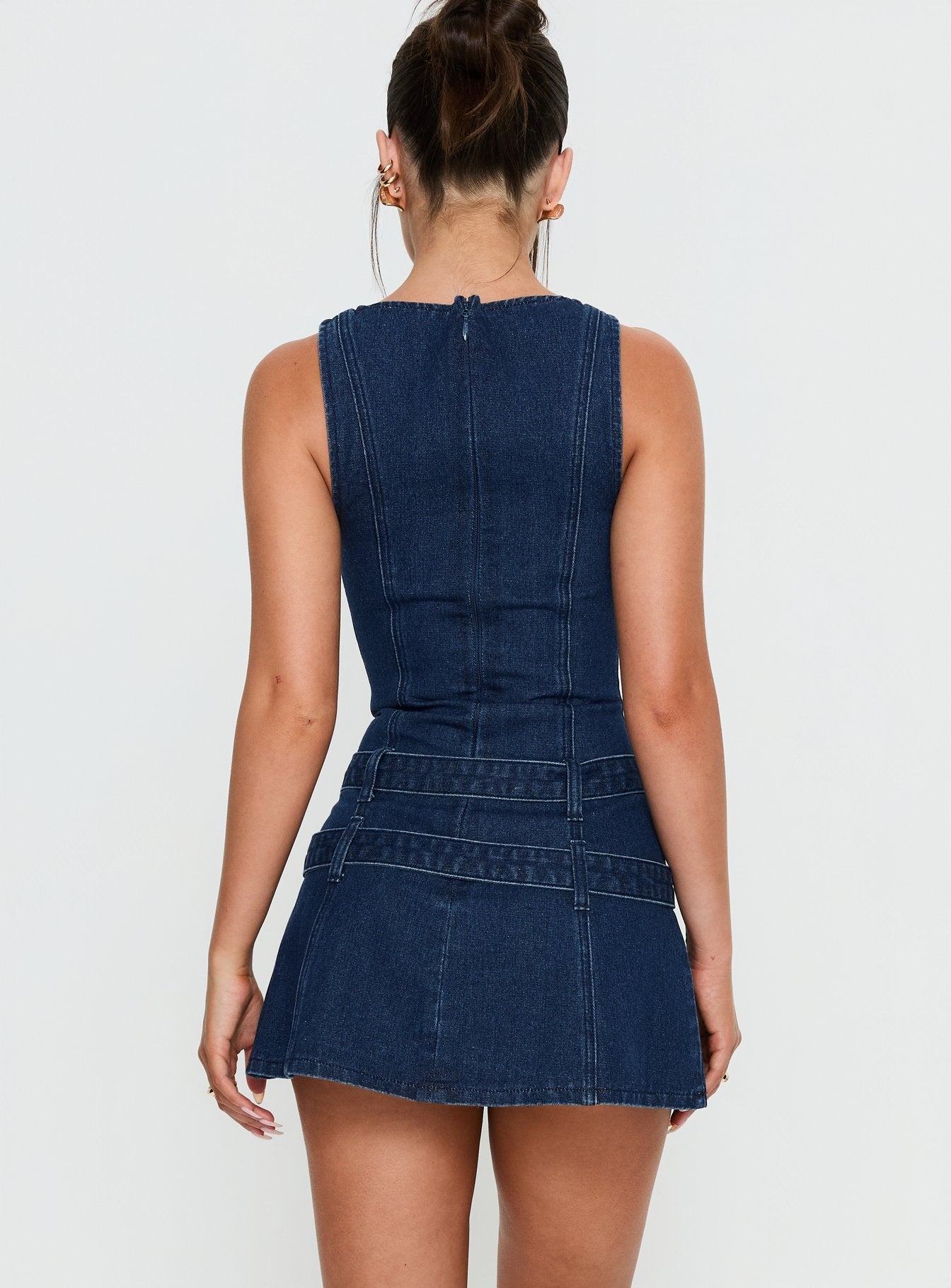 Kainer Koyu Mavi Yıkamalı Tokalı Denim Mini Elbise