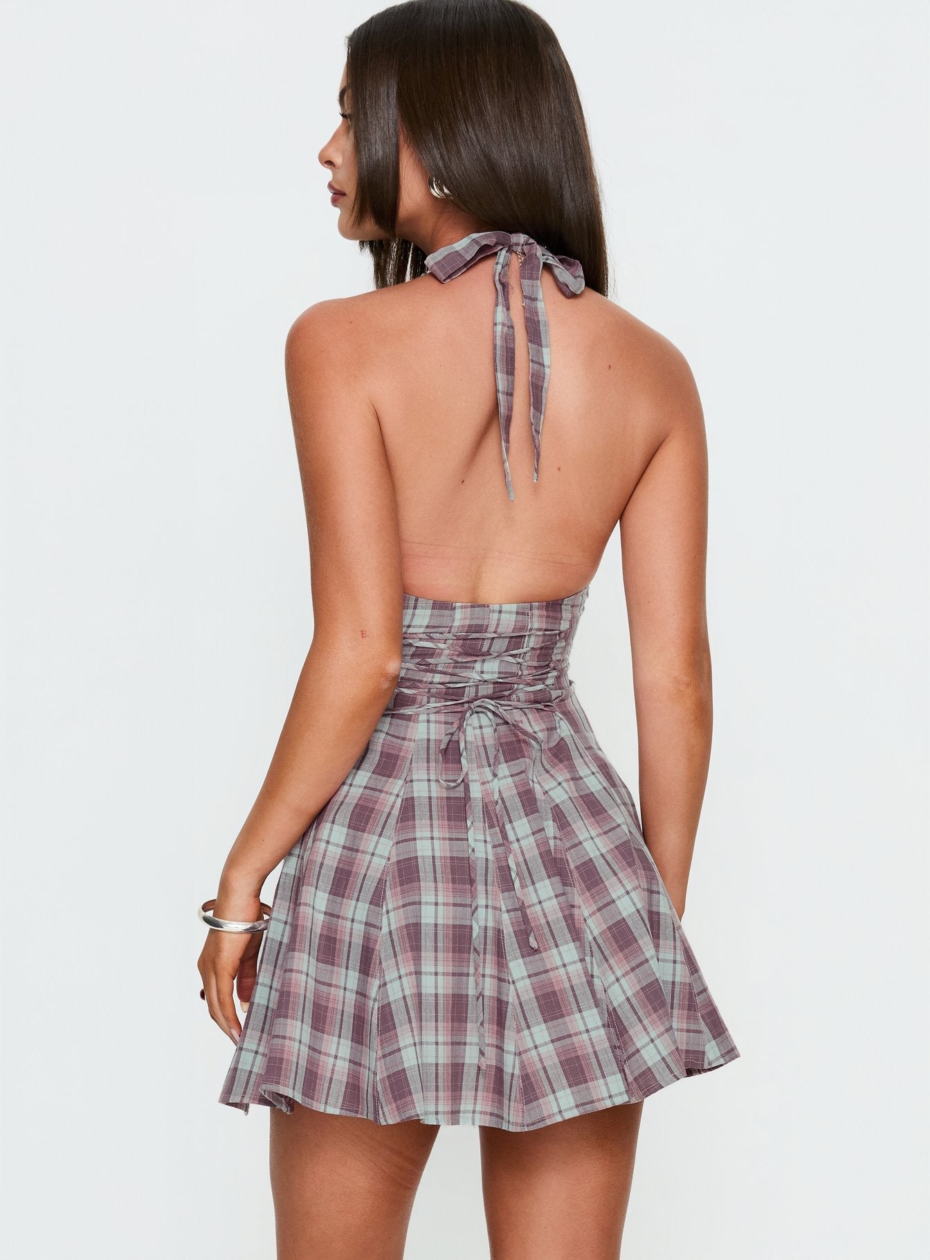 Bordo/Pembe Kare Desenli Mini Halter Elbise