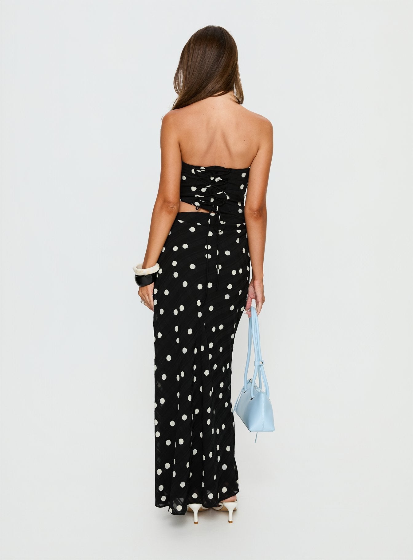 Jasira Askısız Drape Maxi Elbise Siyah Puantiye