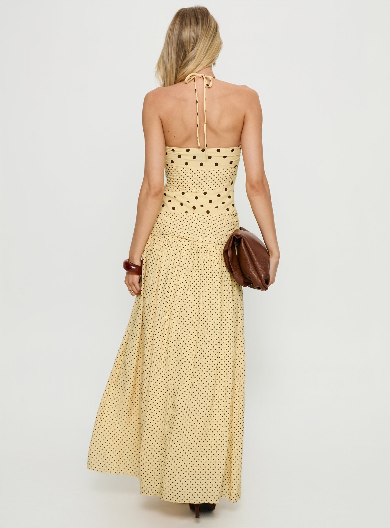Marguerite Halter Maxi Elbise - Limon Kahverengi Puantiye