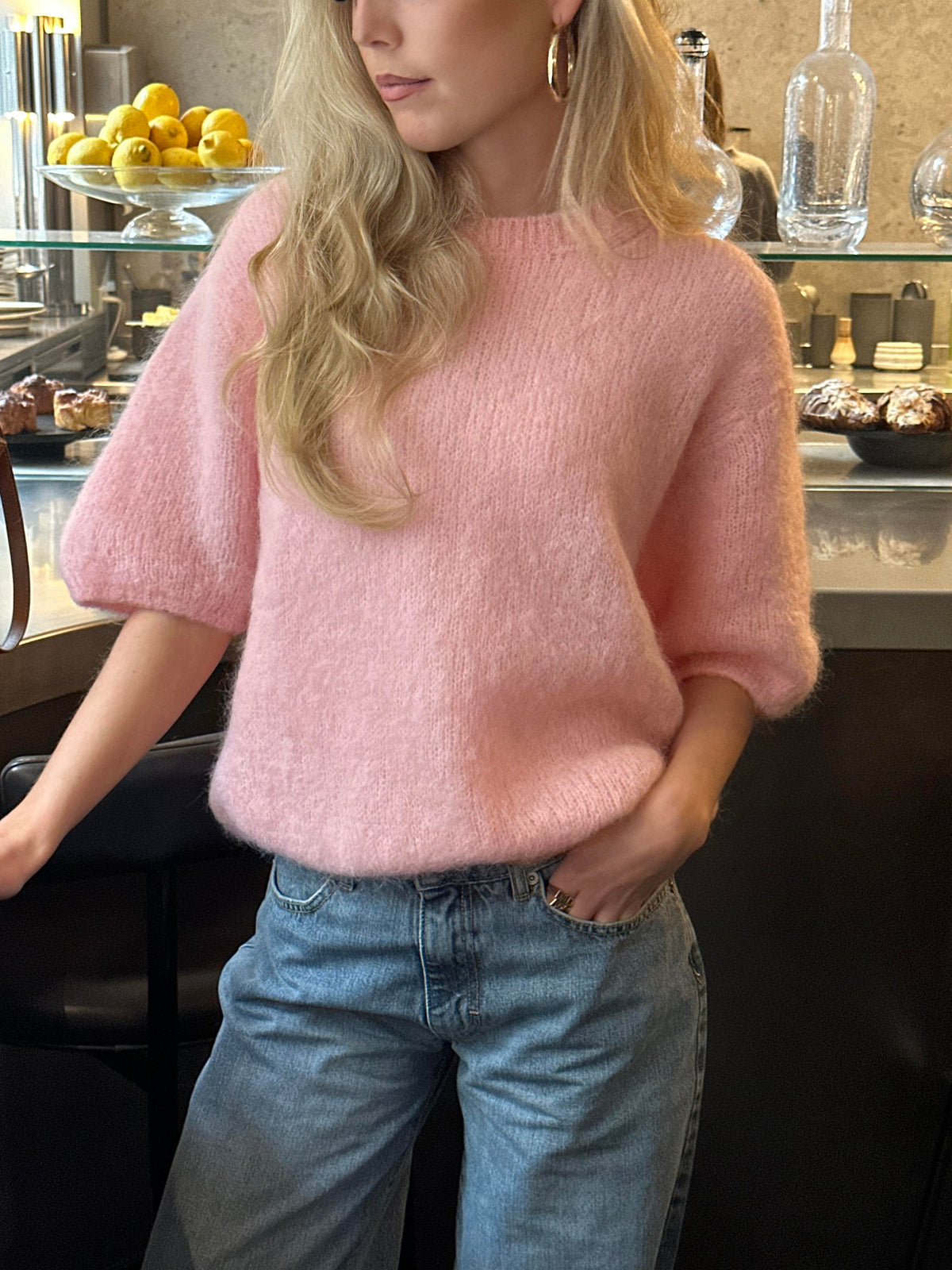 Elise Açık Pembe Moher Karışımlı Kısa Kollu Triko Üst
