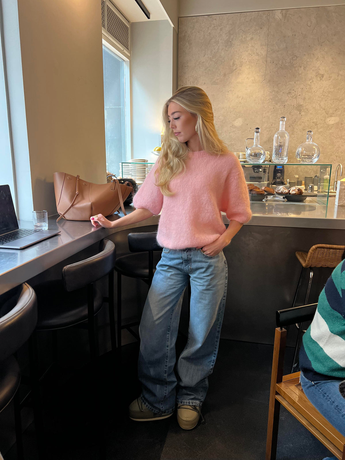 Elise Açık Pembe Moher Karışımlı Kısa Kollu Triko Üst