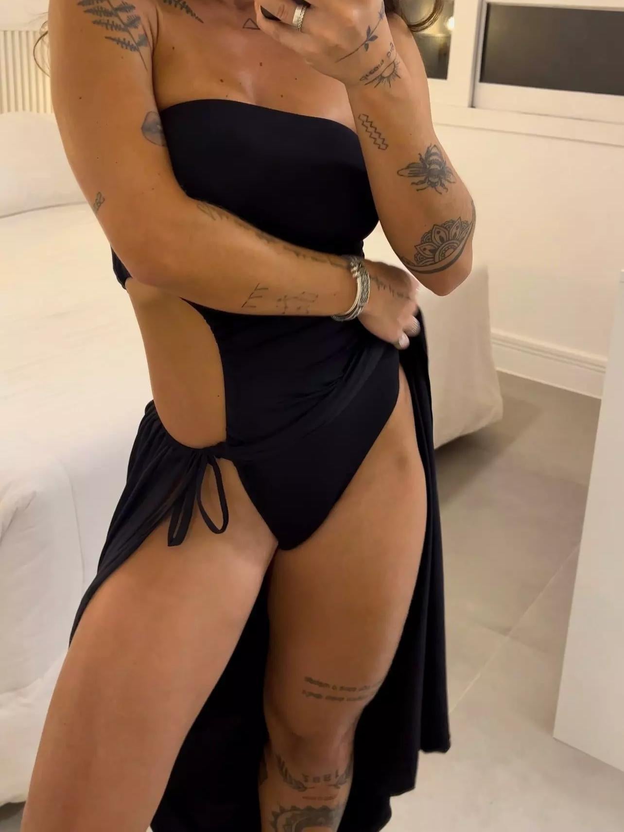 Bandeau Yırtmaçlı Bağlama Detaylı Bodysuit Elbise