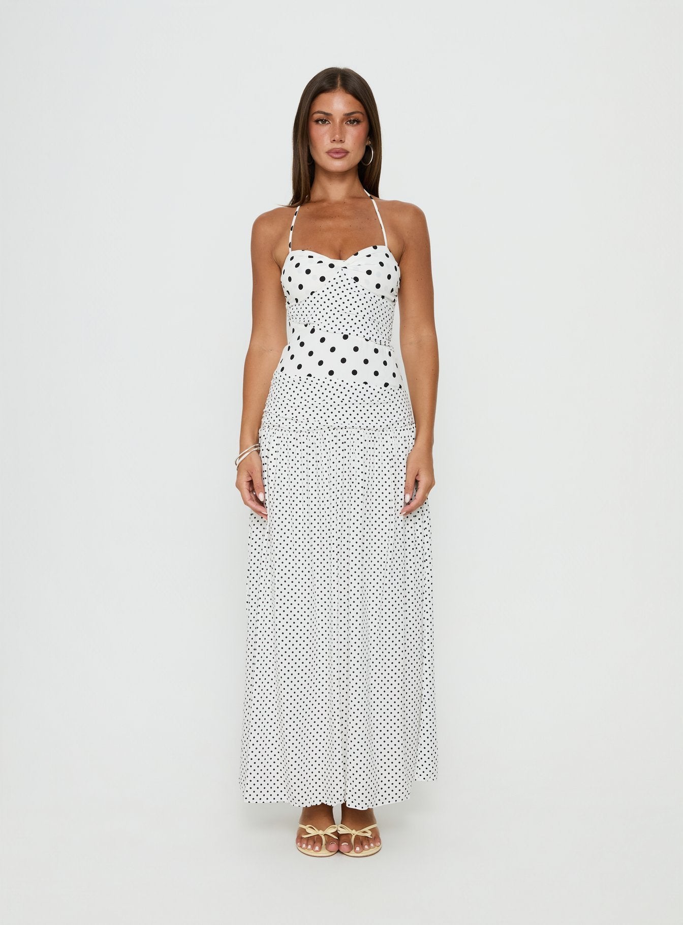 Puantiye Desenli Beyaz Halter Maxi Elbise