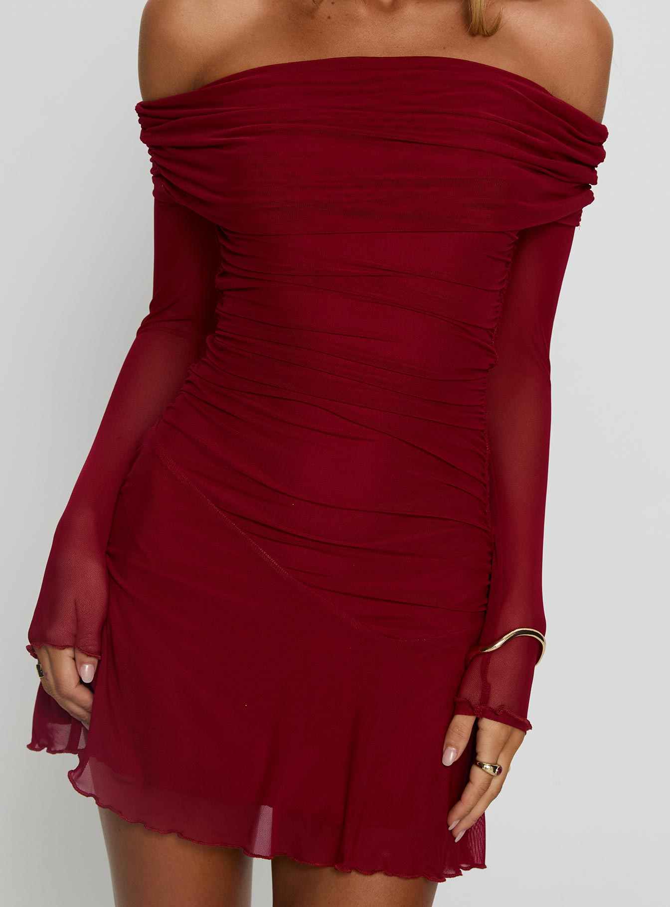 Kırmızı Koki Off-Shoulder Uzun Kollu Mini Elbise