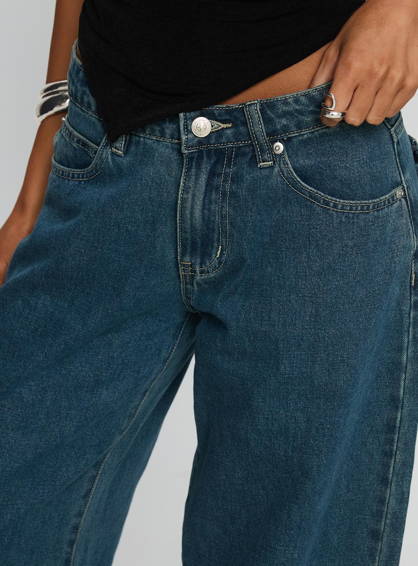 Juda Orta Yüksek Bel Mavi Fıçı Paça Kot Pantolon