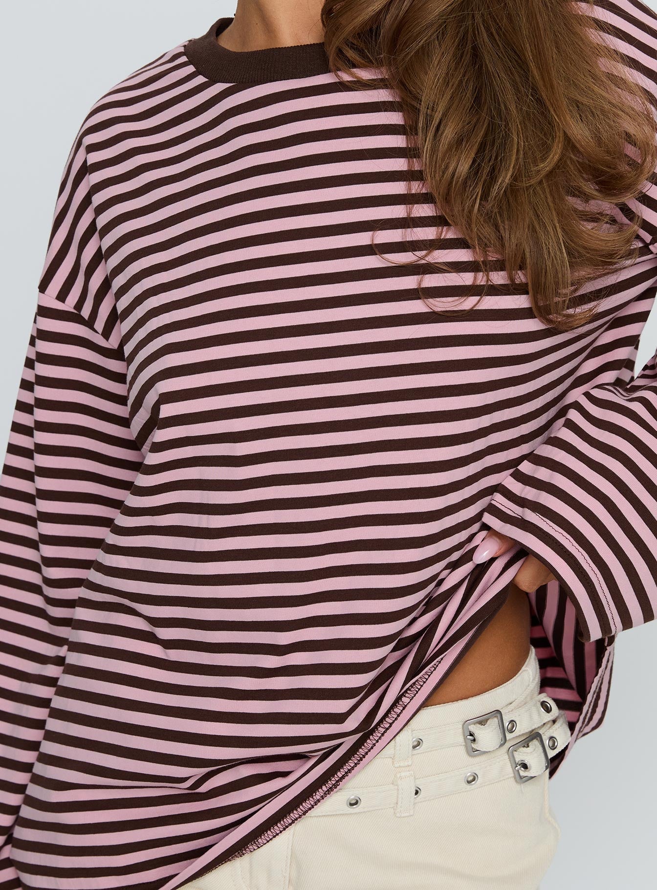 Kadınlar için Pembe Kahverengi Çizgili Uzun Kollu Üst