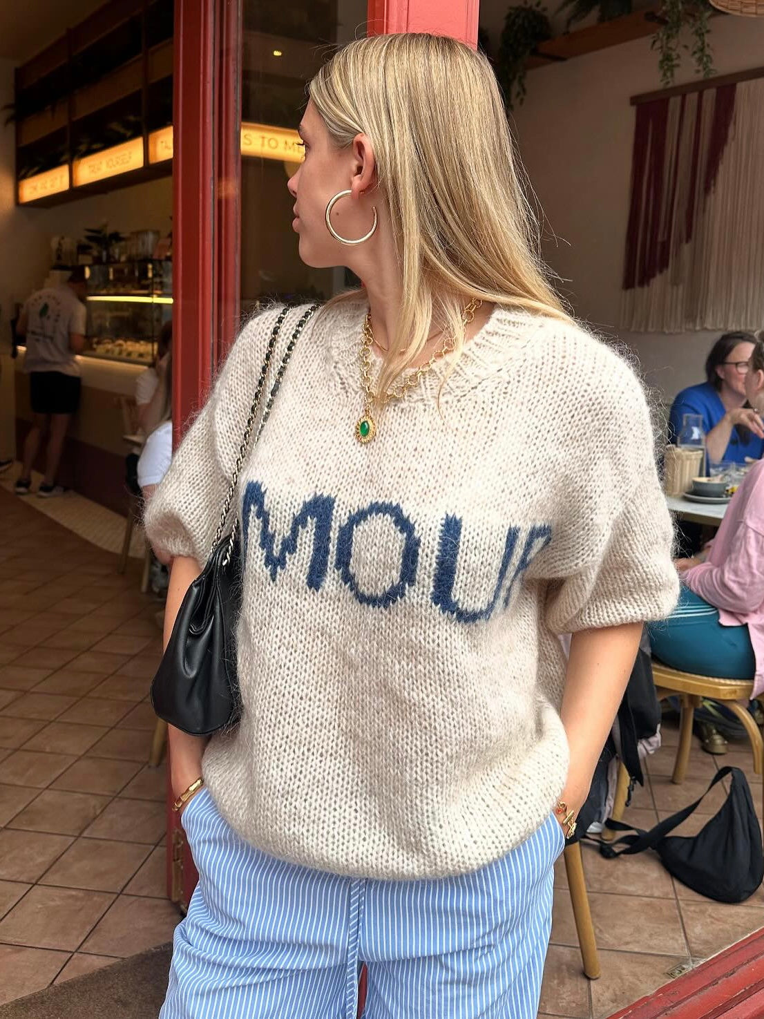 Amour Bej Yazı Baskılı 3/4 Kollu Triko Kazak