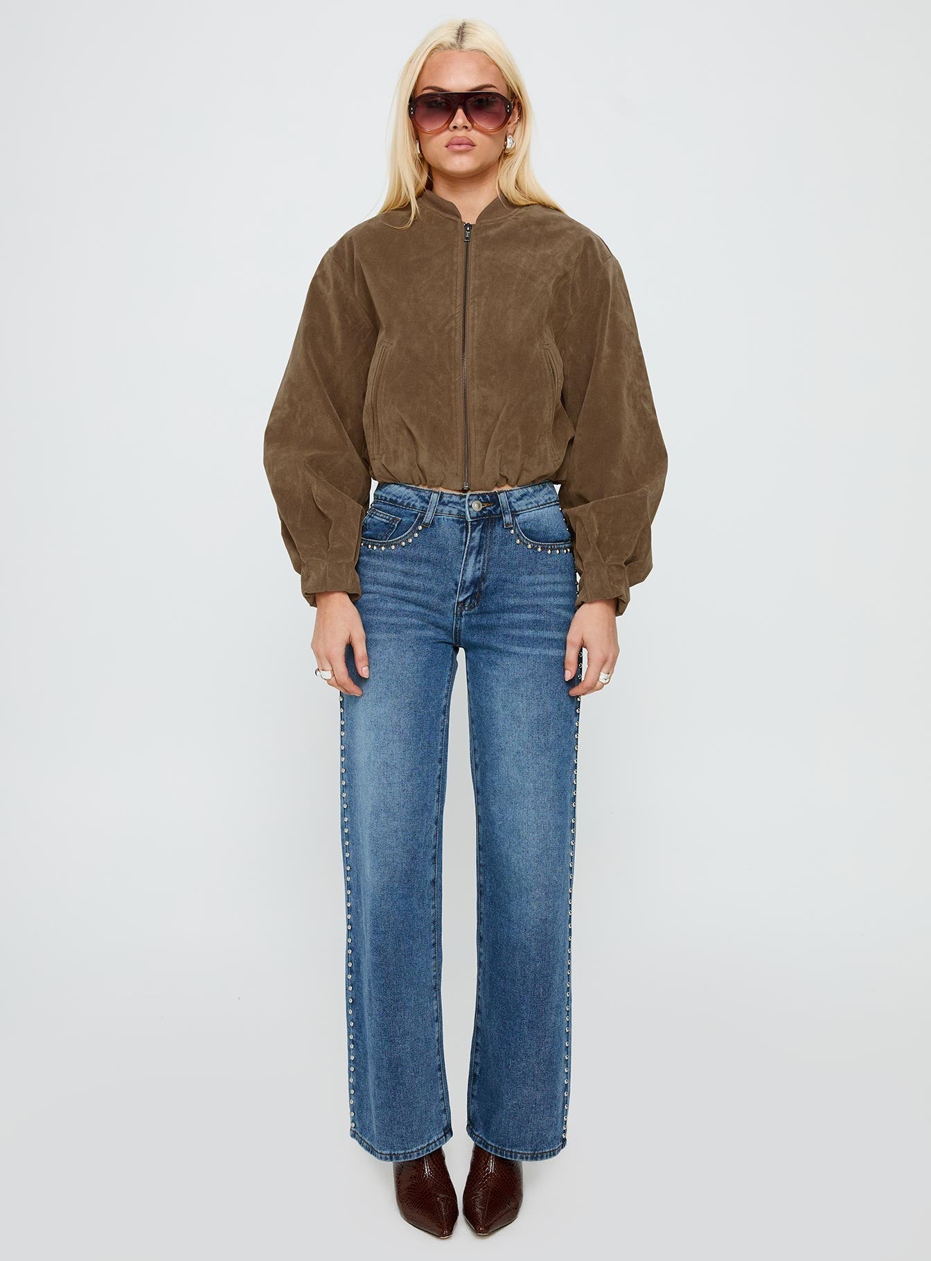 Orta Mavi Yüksek Bel Düz Paça Denim Pantolon