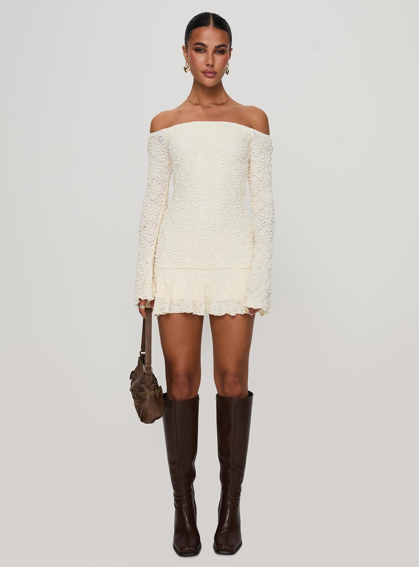 Vancesca Off Shoulder Uzun Kollu Krem Mini Elbise