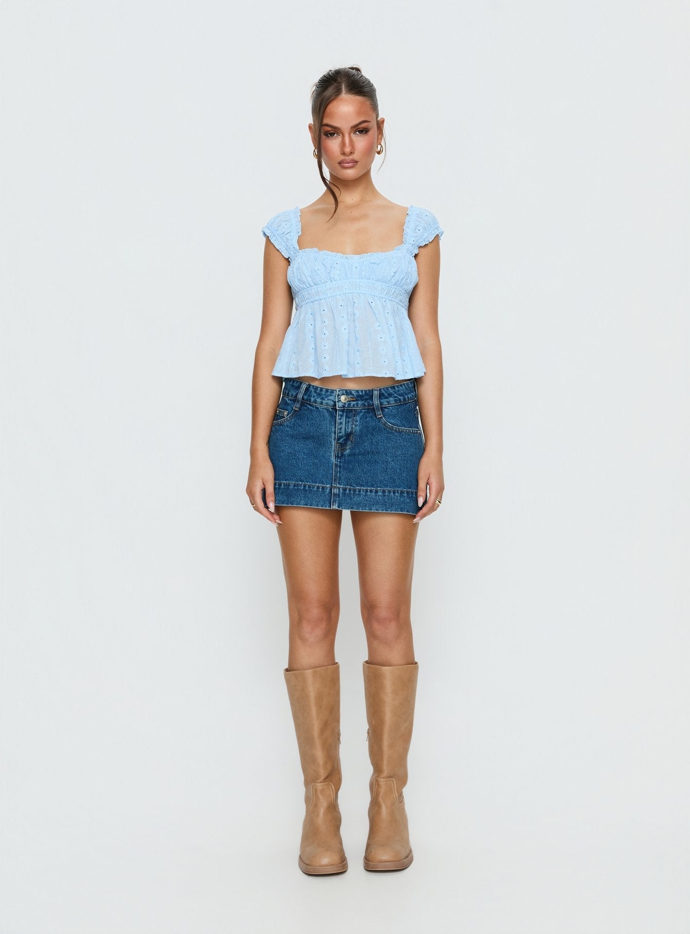 Orta Mavi Düşük Bel Denim Mini Etek