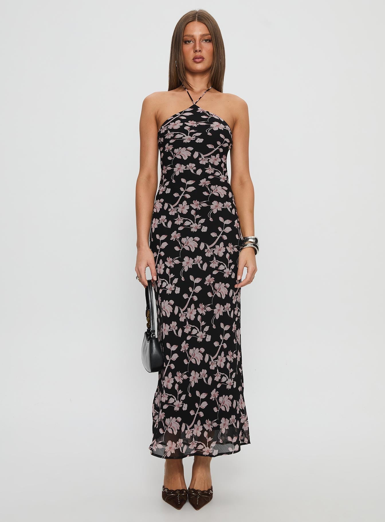 Anisa Siyah Çiçekli Halter Maxi Elbise