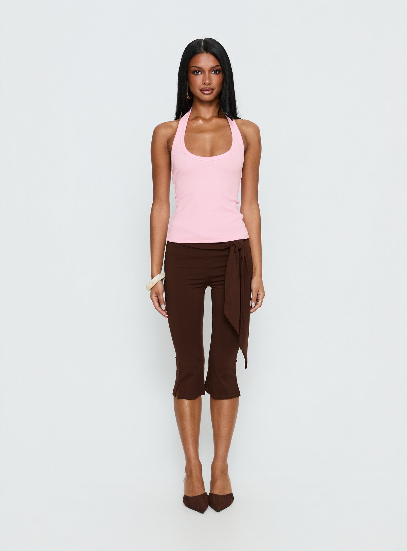 Ribbed Halter Tank Top - Pembe