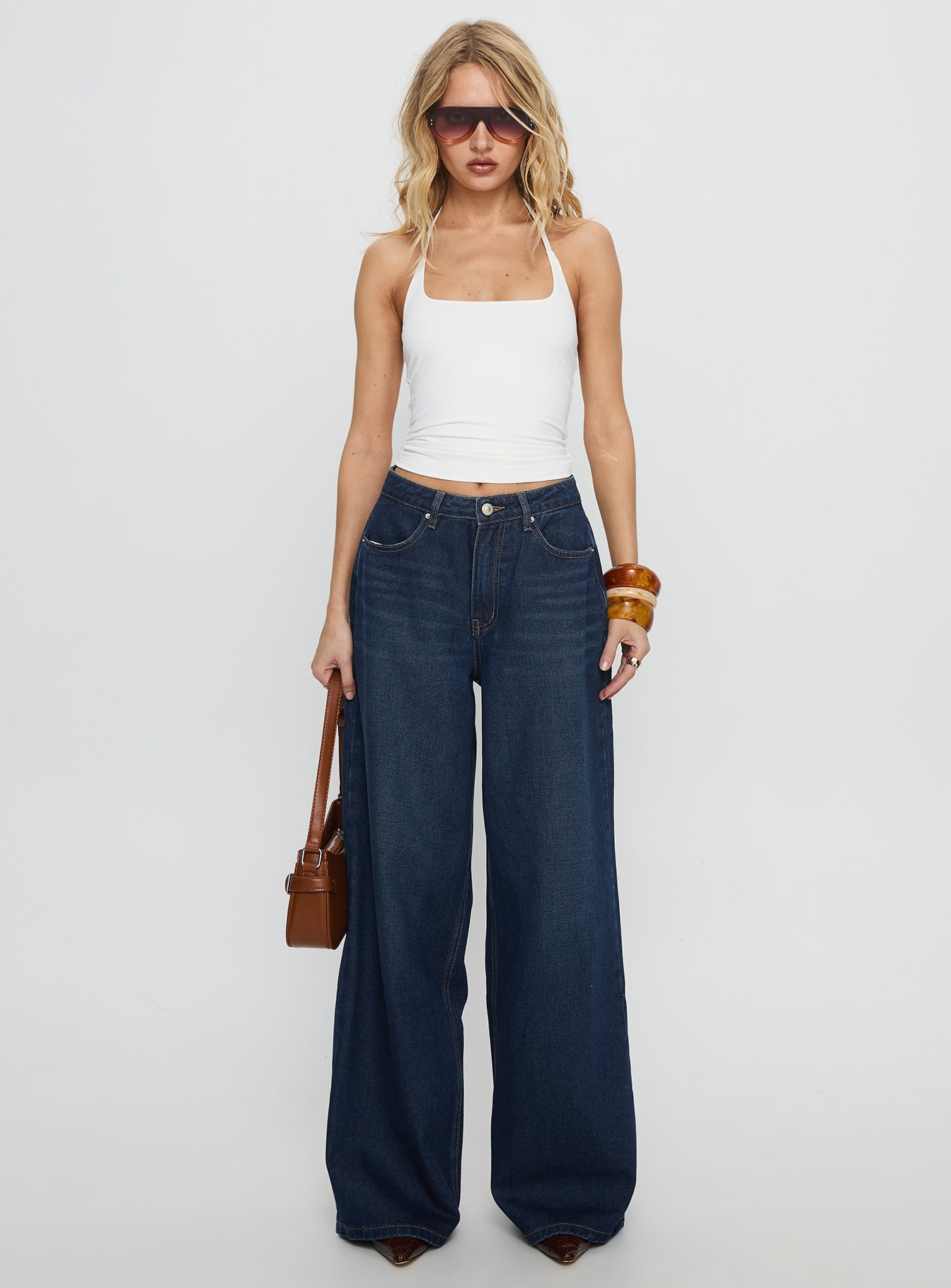 Naylor Orta Bel Geniş Paça Mavi Denim Pantolon