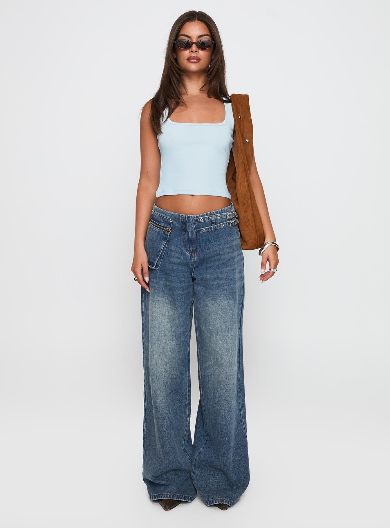 Paltrow Orta Bel Geniş Paça Kargo Jean - Orta Mavi
