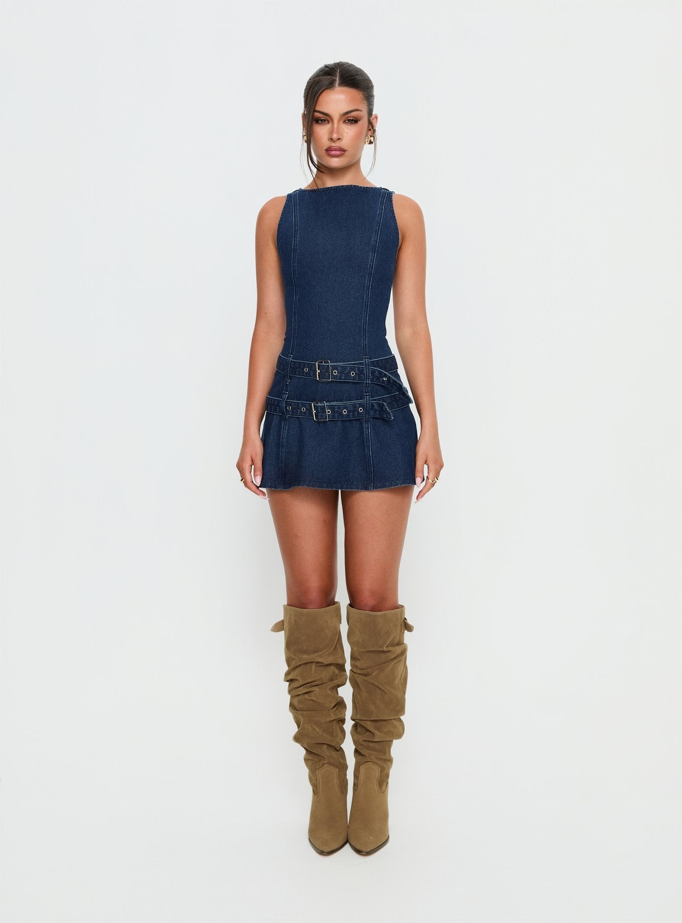 Kainer Koyu Mavi Yıkamalı Tokalı Denim Mini Elbise