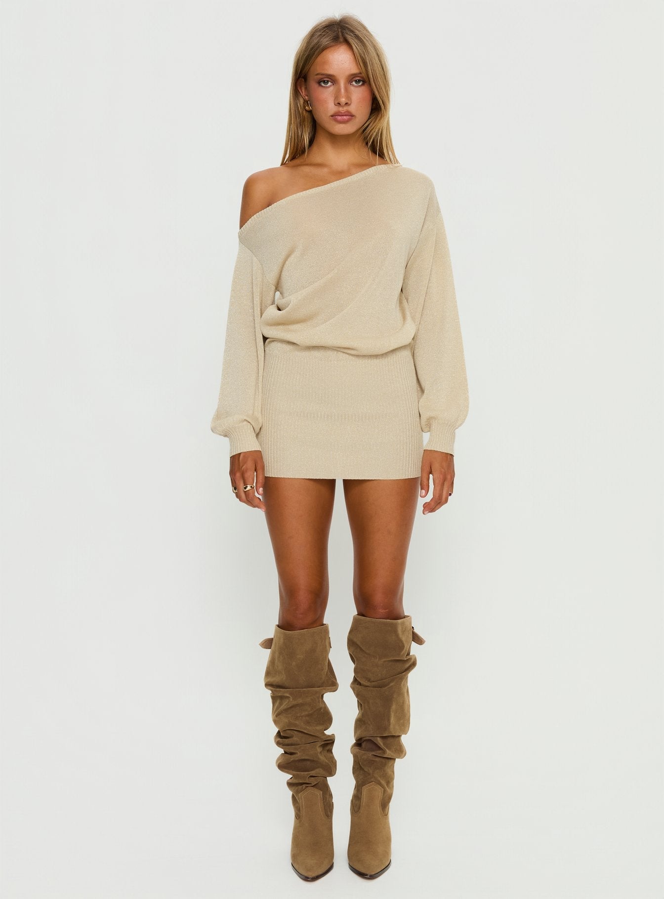 Johannah Altın Renk Off Shoulder Uzun Kollu Mini Elbise