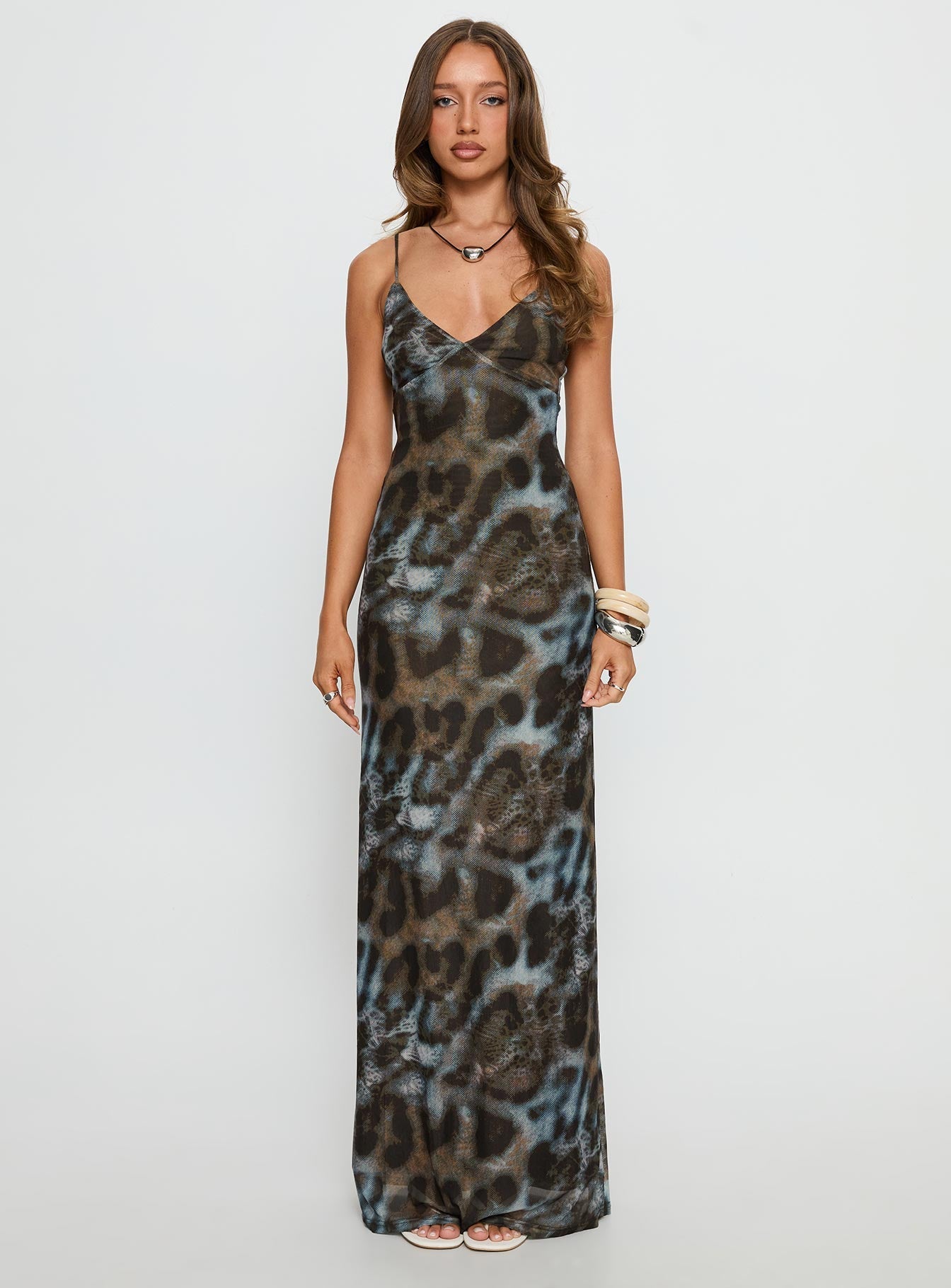 Saphrona Leopar Desenli V-Yaka Maxi Elbise
