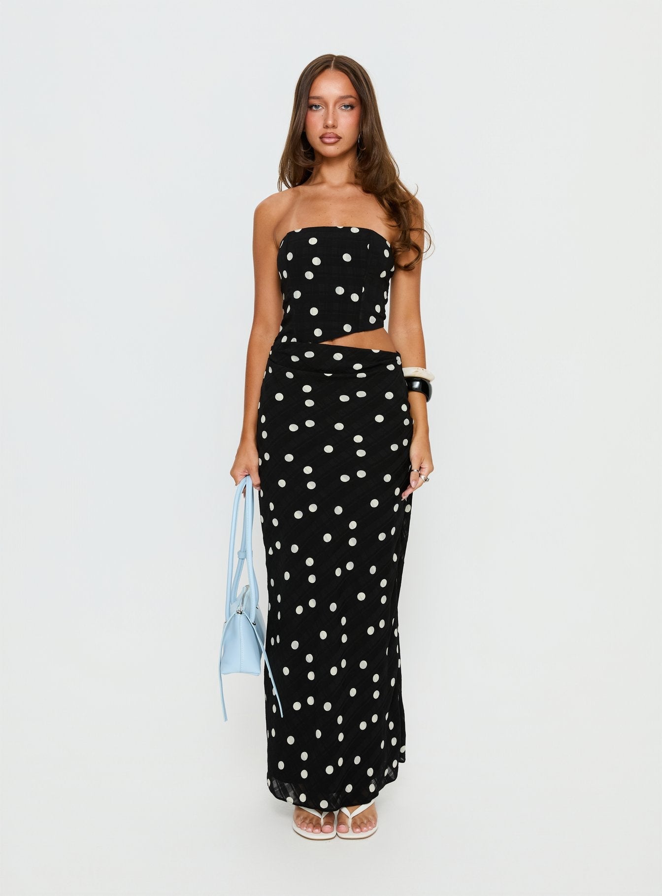 Jasira Askısız Drape Maxi Elbise Siyah Puantiye