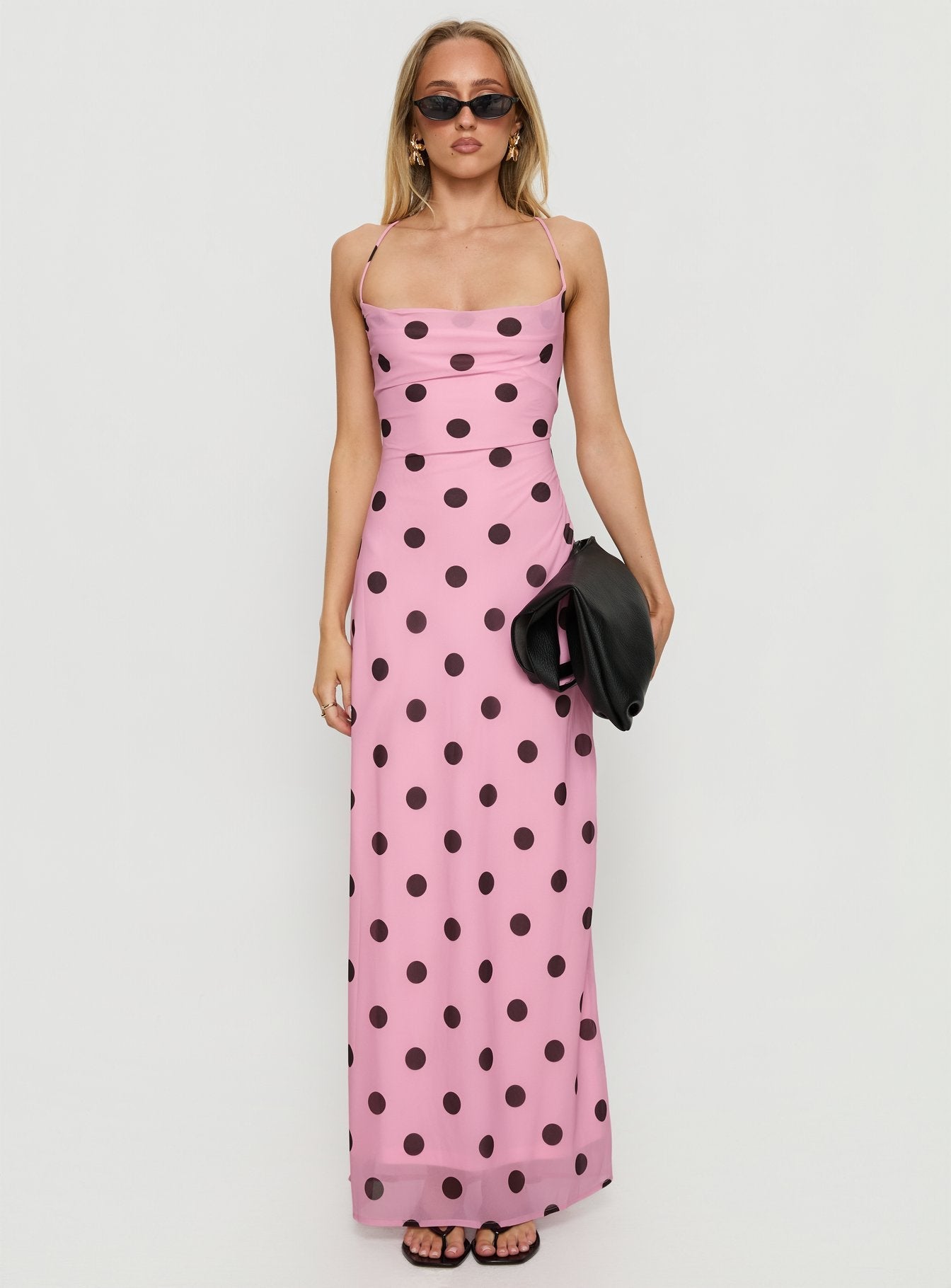 Celena Puantiye Desenli Maxi Elbise - Pembe/Kahverengi