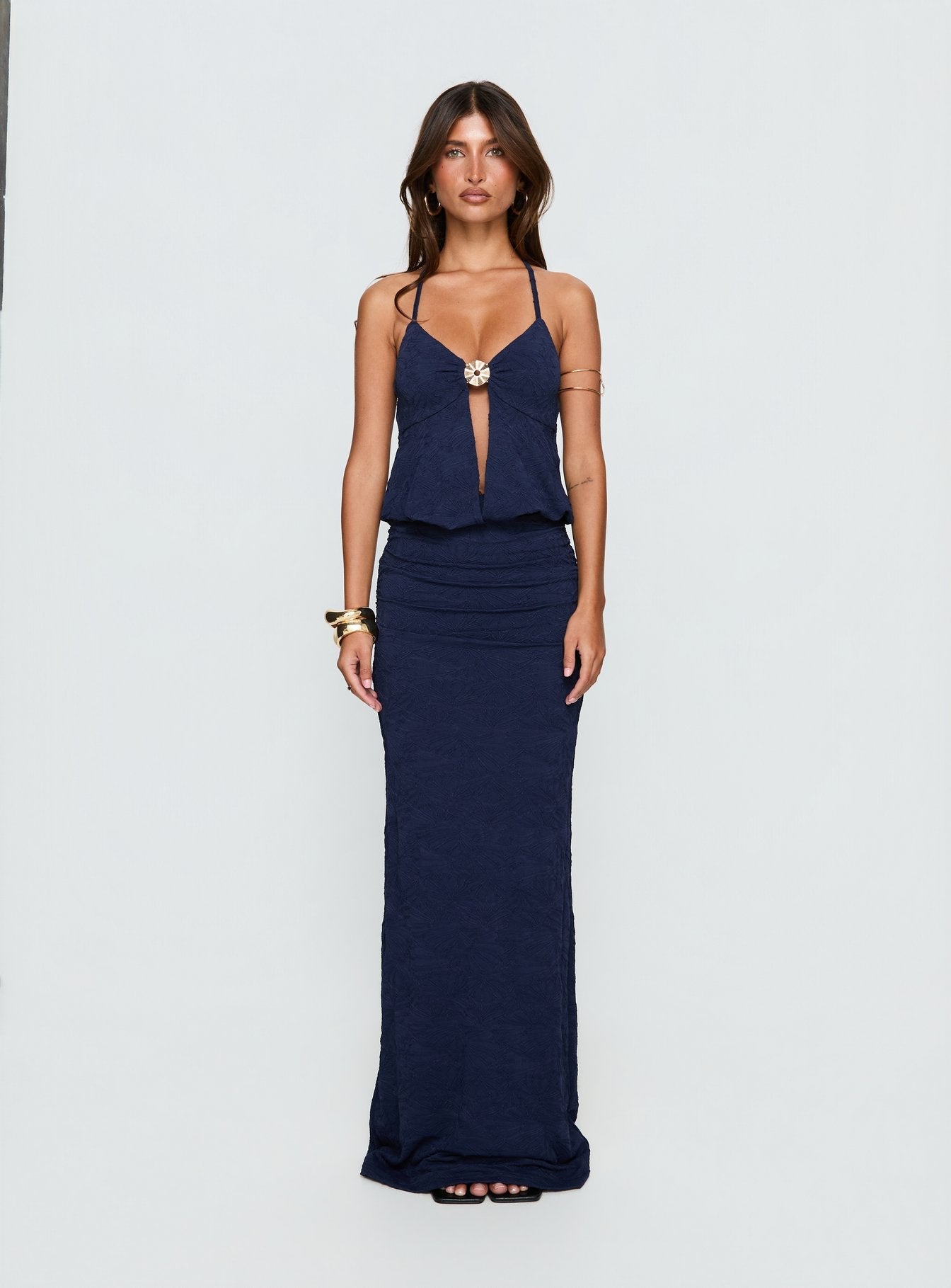 Sungold Lacivert Halter Yaka Maxi Elbise