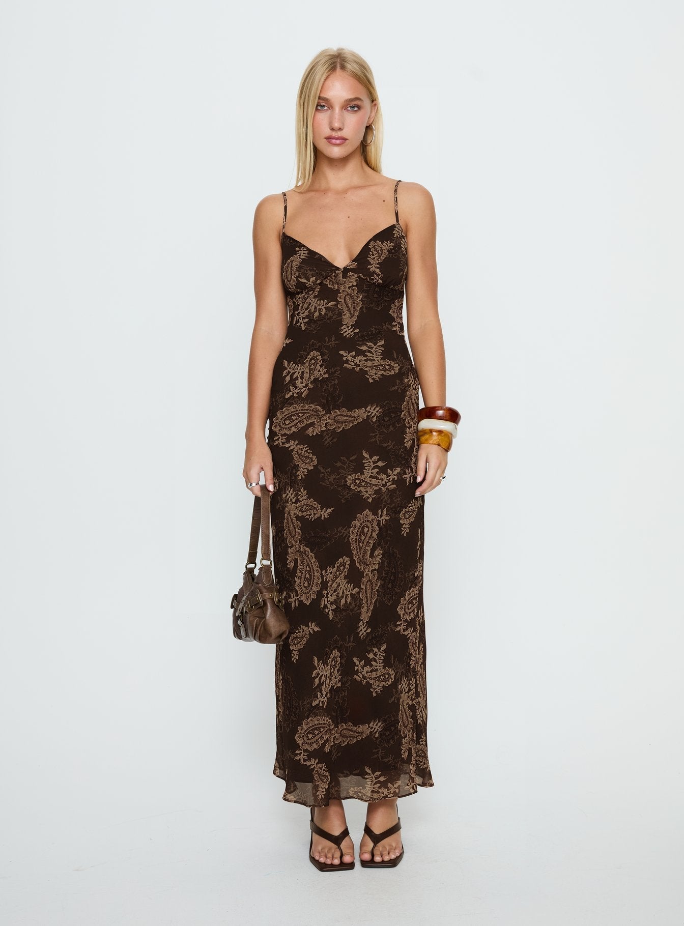 Jemimah V Yaka Kahverengi Paisley Maxi Elbise