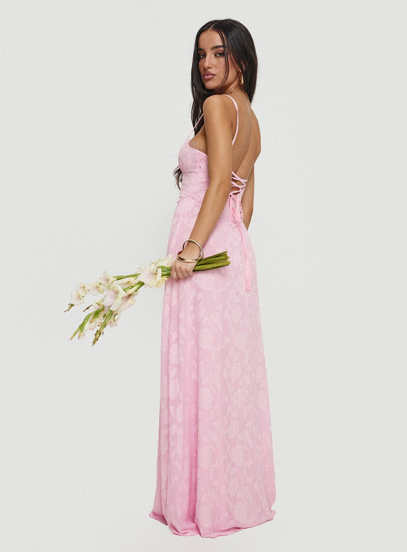 Pembe Çiçekli Dantel Maxi Elbise