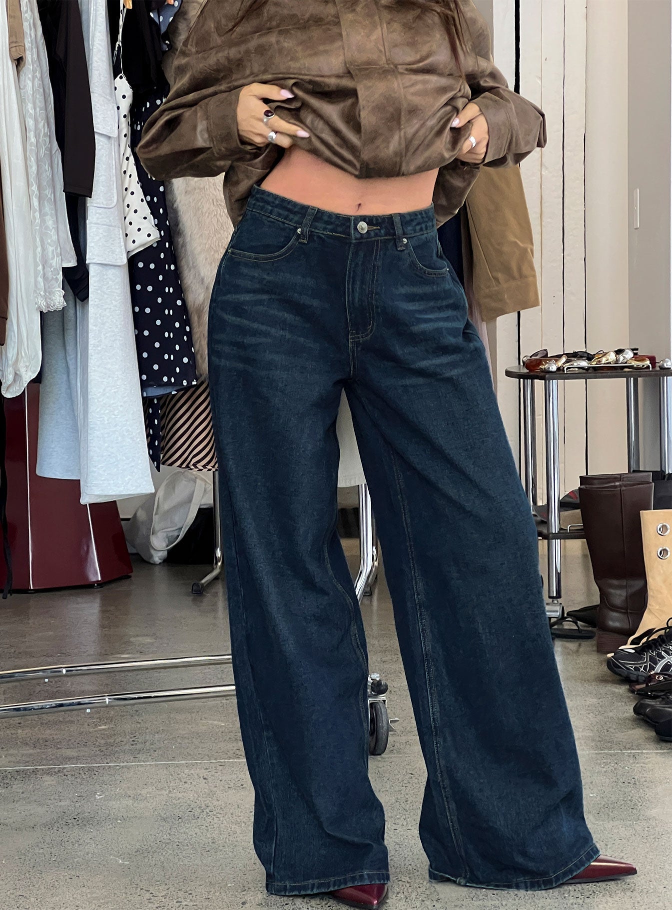 Naylor Orta Bel Geniş Paça Mavi Denim Pantolon