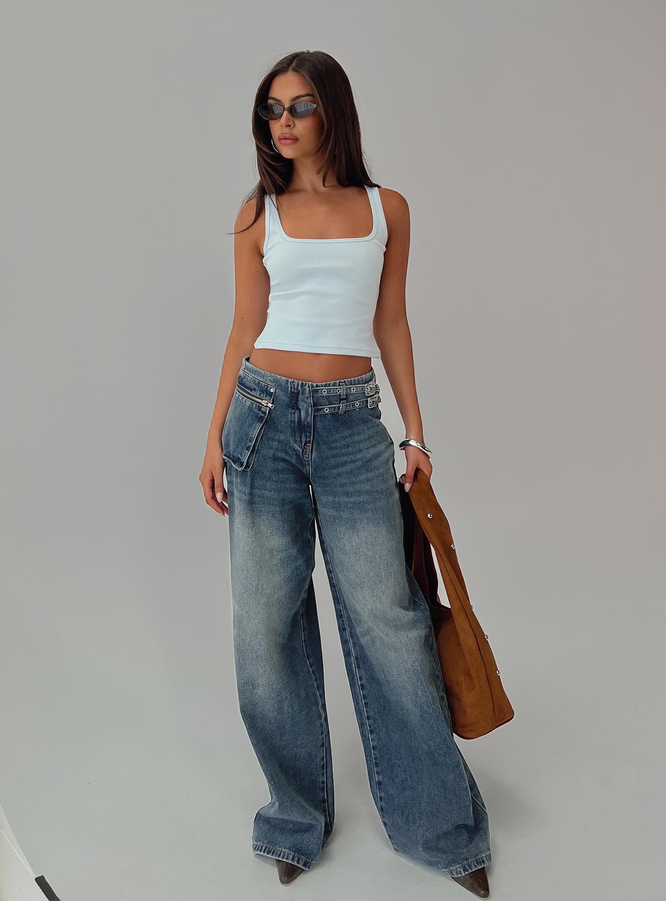 Paltrow Orta Bel Geniş Paça Kargo Jean - Orta Mavi