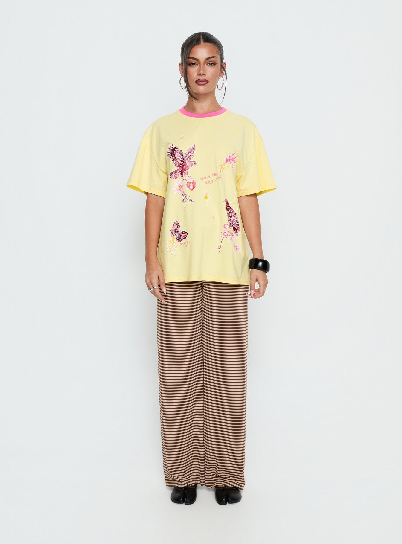 Yırtık Işık Oversize Grafik Tişört - Sarı/Pembe