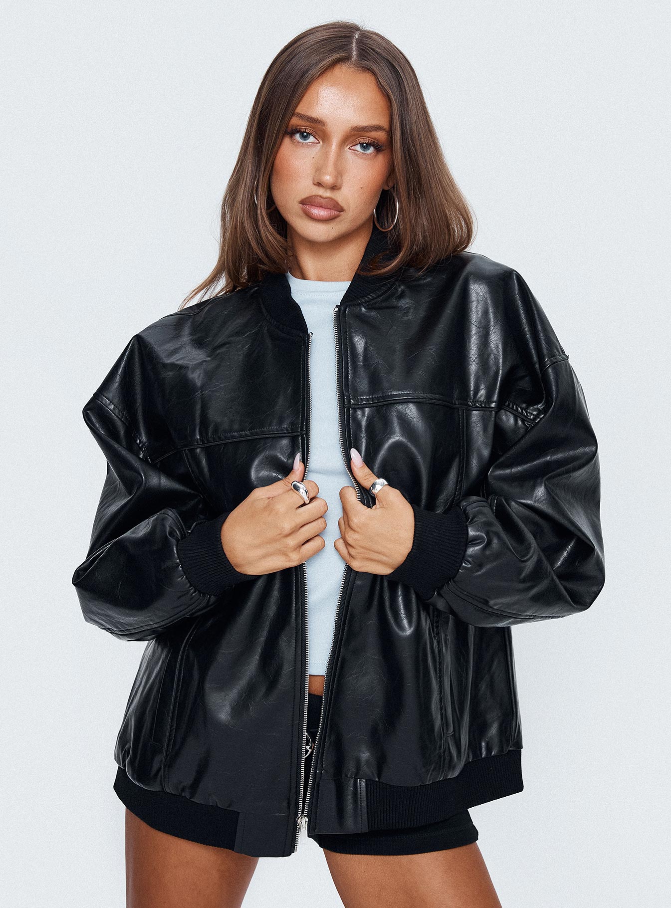 Siyah Faux Deri Bomber Ceket