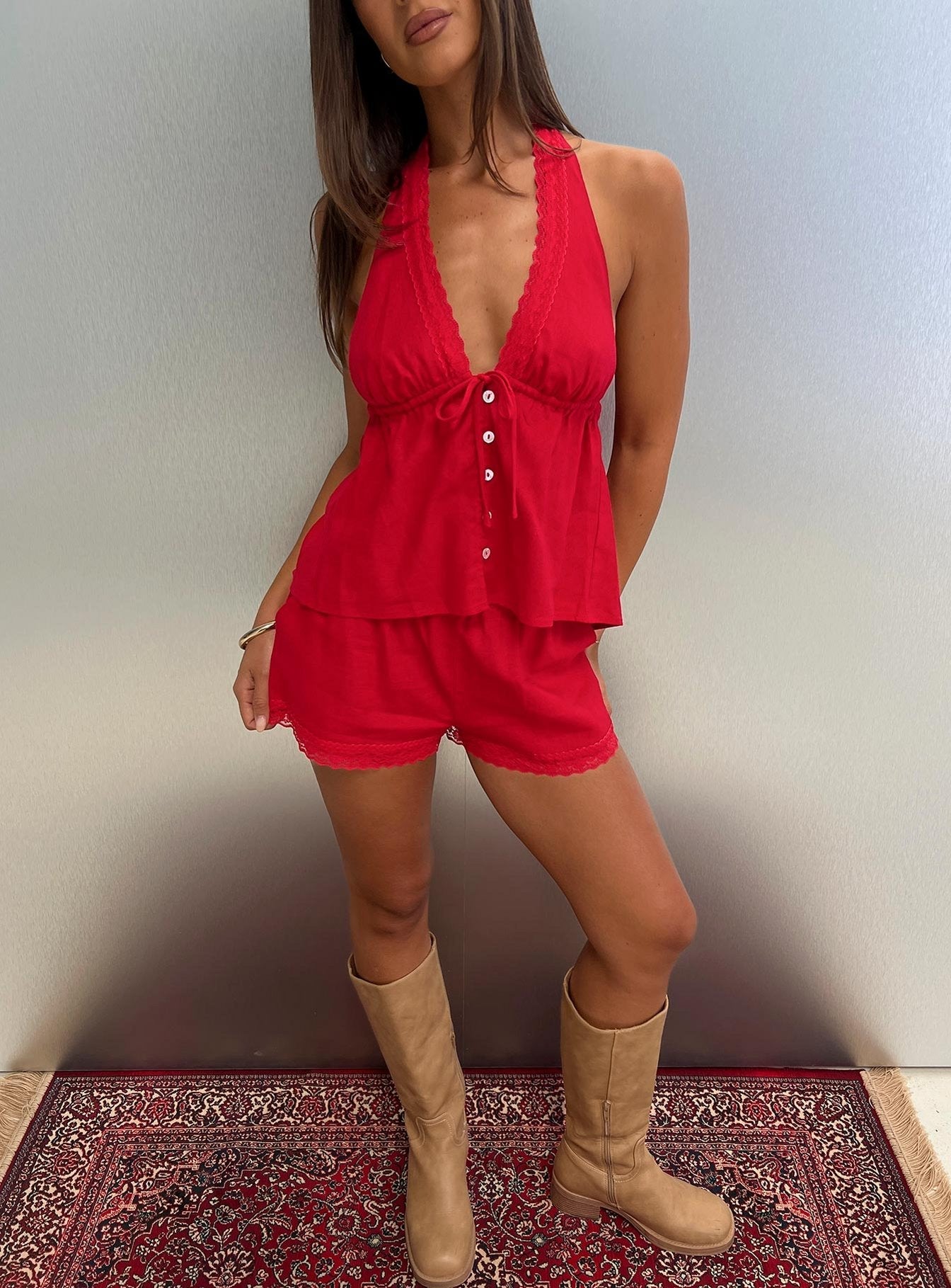 Cloud Crush Kırmızı Keten Karışımlı Halter Top