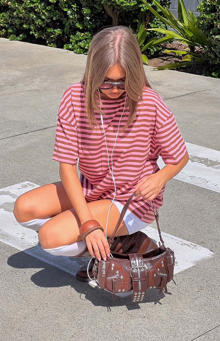 Alba Pembe Çizgili Oversized Tişört
